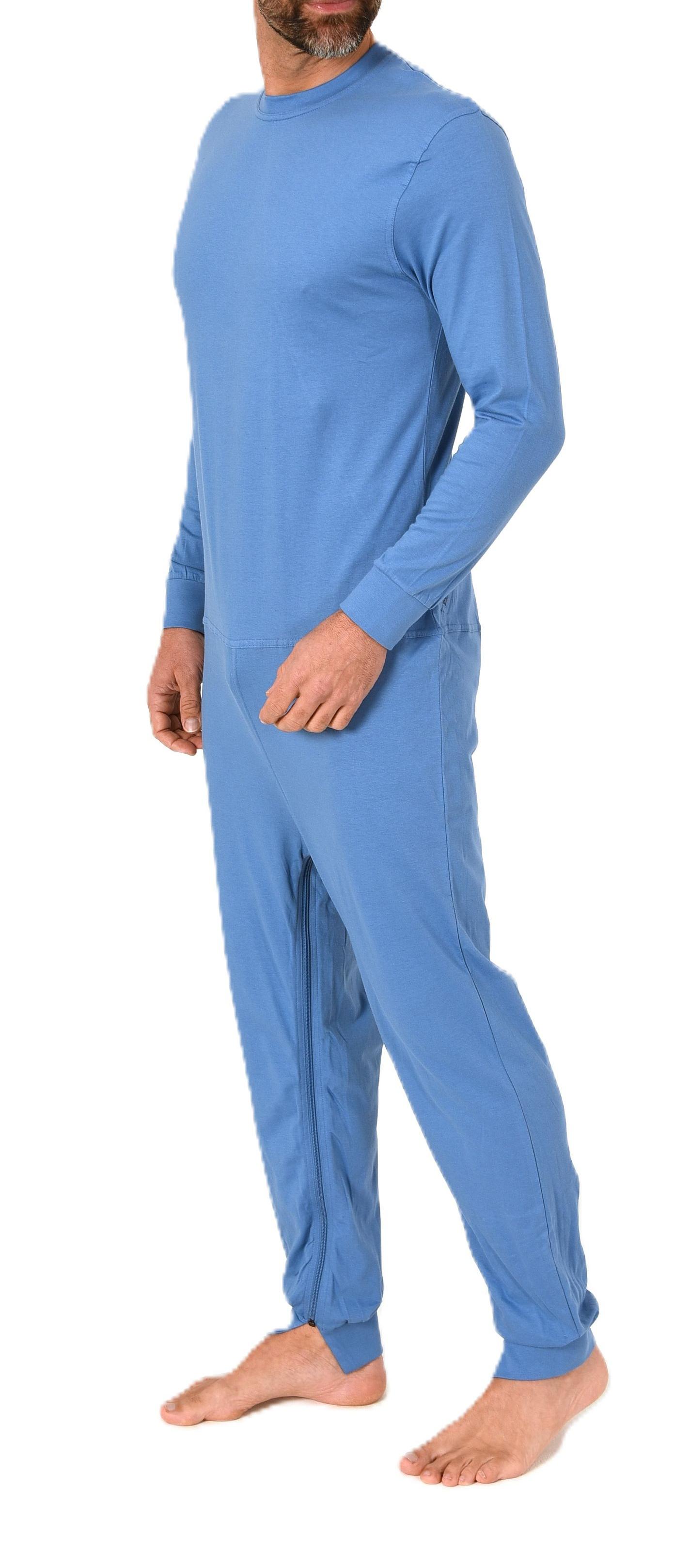 Herren Pflegeoverall langarm Einteiler Schlafanzug mit Reissverschluss am Rücken und Bein