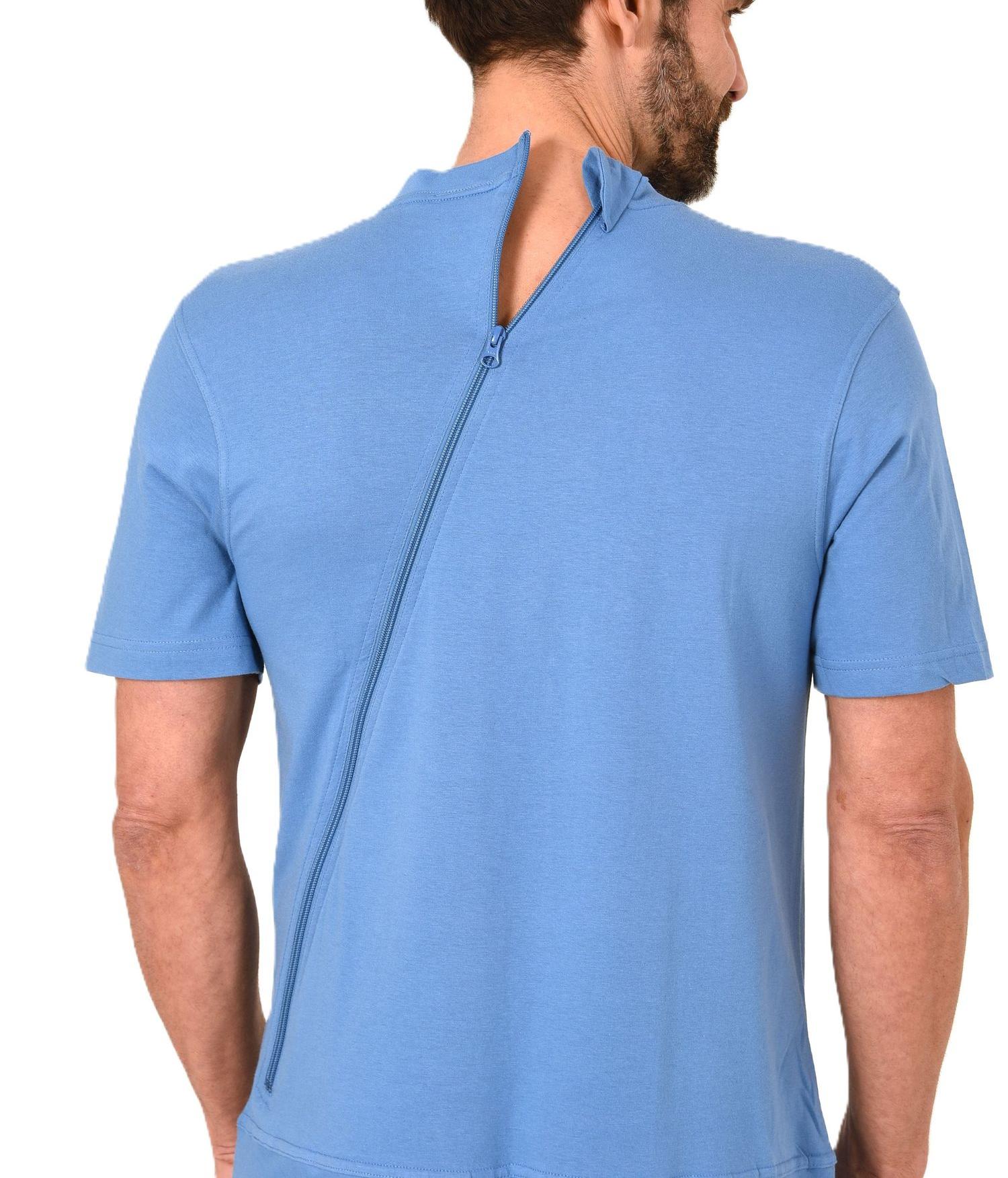 Herren Pflegeoverall kurzarm Pyjama mit langen Bein und Reißverschluss am Rücken und Bein Herren Pflegeoverall kurzarm Pyjama mit langen Bein und Reißverschluss am Rücken und Bein