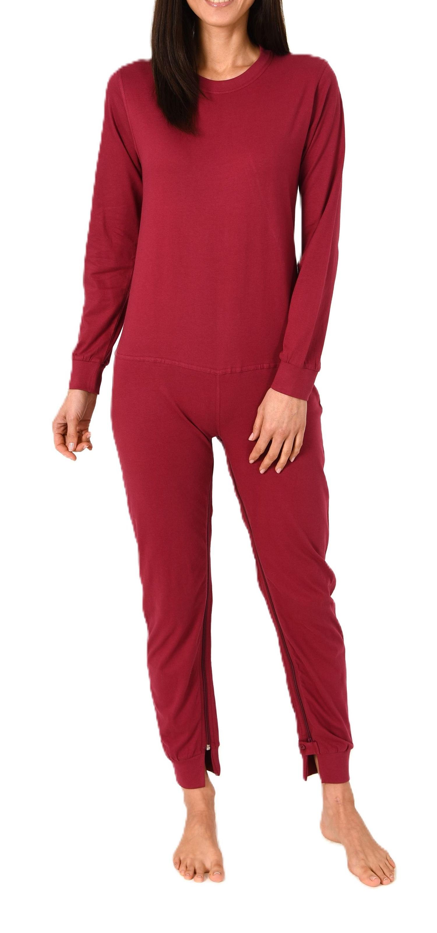 Damen Pflegeoverall langarm Einteiler Schlafanzug mit Reissverschluss am Rücken und Bein