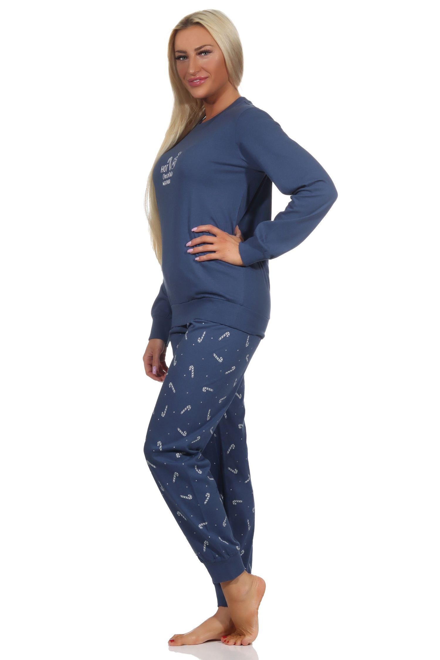 Normann Damen langarm Weihnachts Schlafanzug Pyjama mit Bündchen