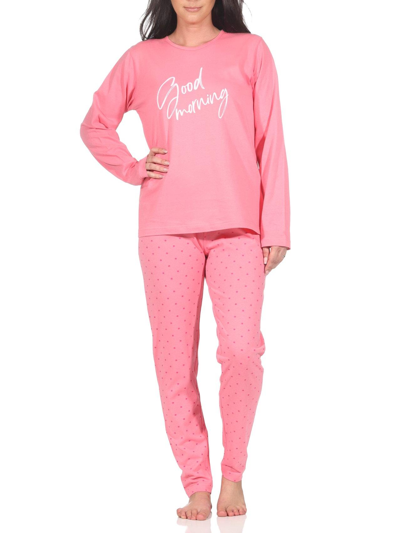 Normann Damen Schlafanzug langarm Pyjama in Tupfen Punkte Optik