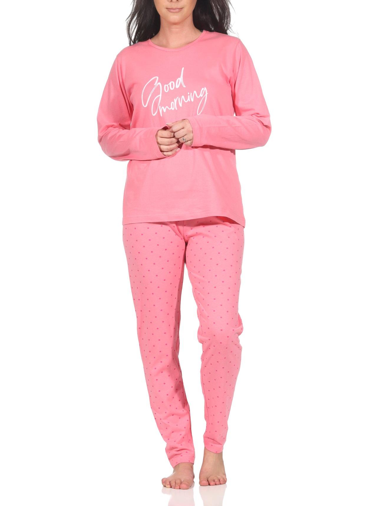 Normann Damen Schlafanzug langarm Pyjama in Tupfen Punkte Optik