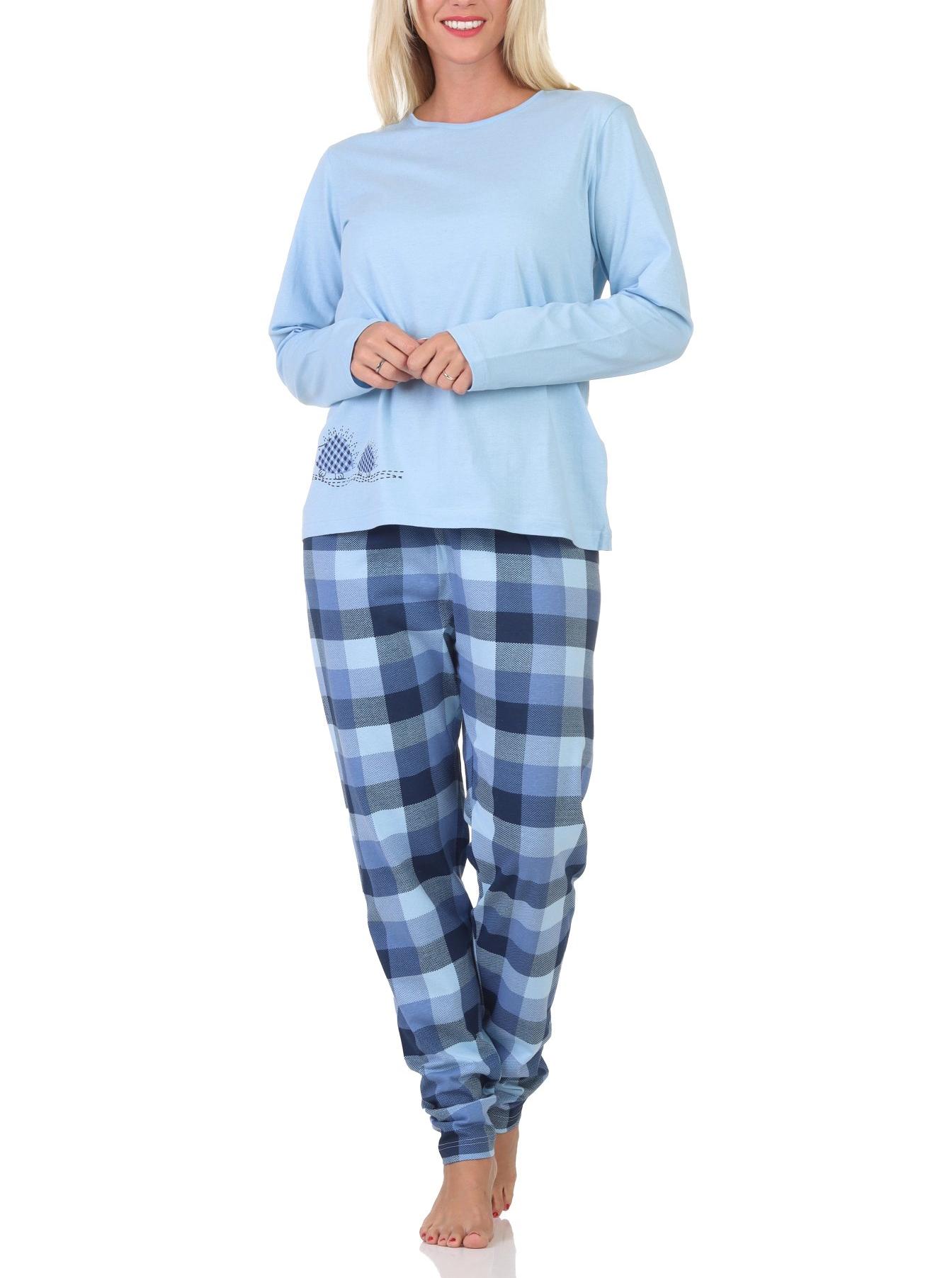 Normann Damen Jersey Schlafanzug langarm Pyjama mit karierter Hose und Tiermotiv Normann Damen Jersey Schlafanzug langarm Pyjama mit karierter Hose und Tiermotiv