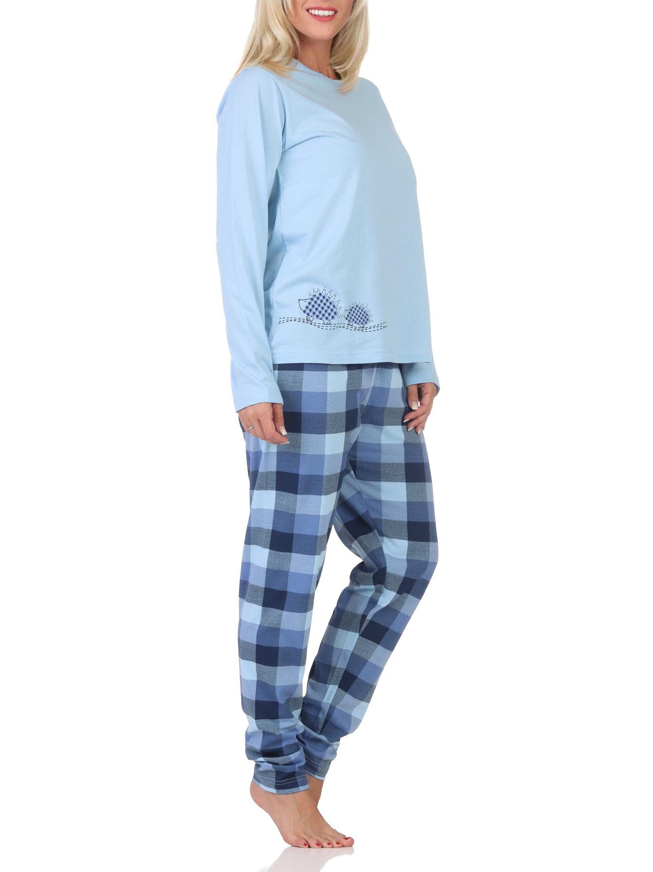 Normann Damen Jersey Schlafanzug langarm Pyjama mit karierter Hose und Tiermotiv Normann Damen Jersey Schlafanzug langarm Pyjama mit karierter Hose und Tiermotiv