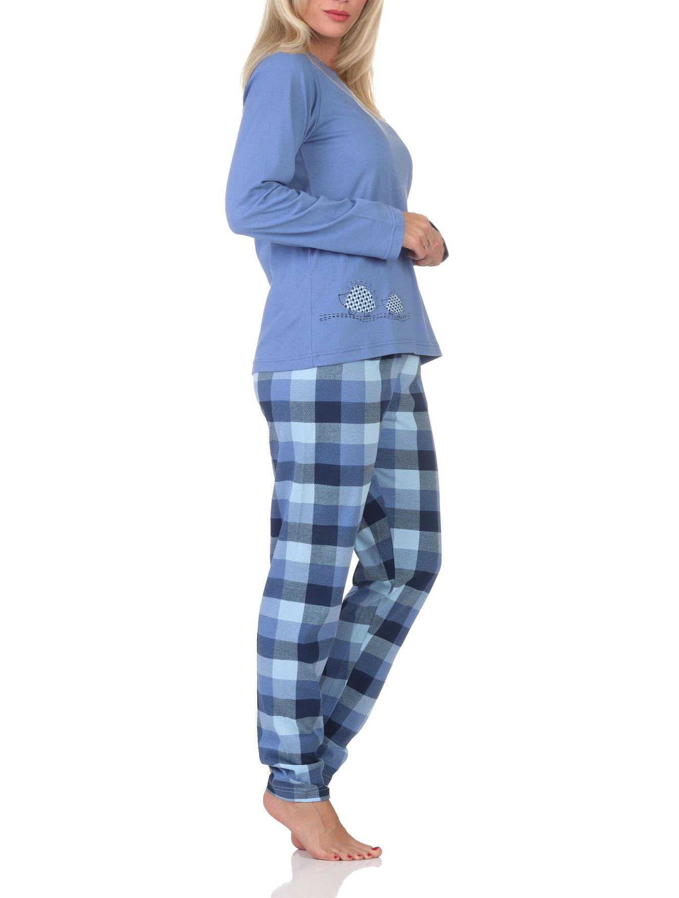 Normann Damen Jersey Schlafanzug langarm Pyjama mit karierter Hose und Tiermotiv Normann Damen Jersey Schlafanzug langarm Pyjama mit karierter Hose und Tiermotiv