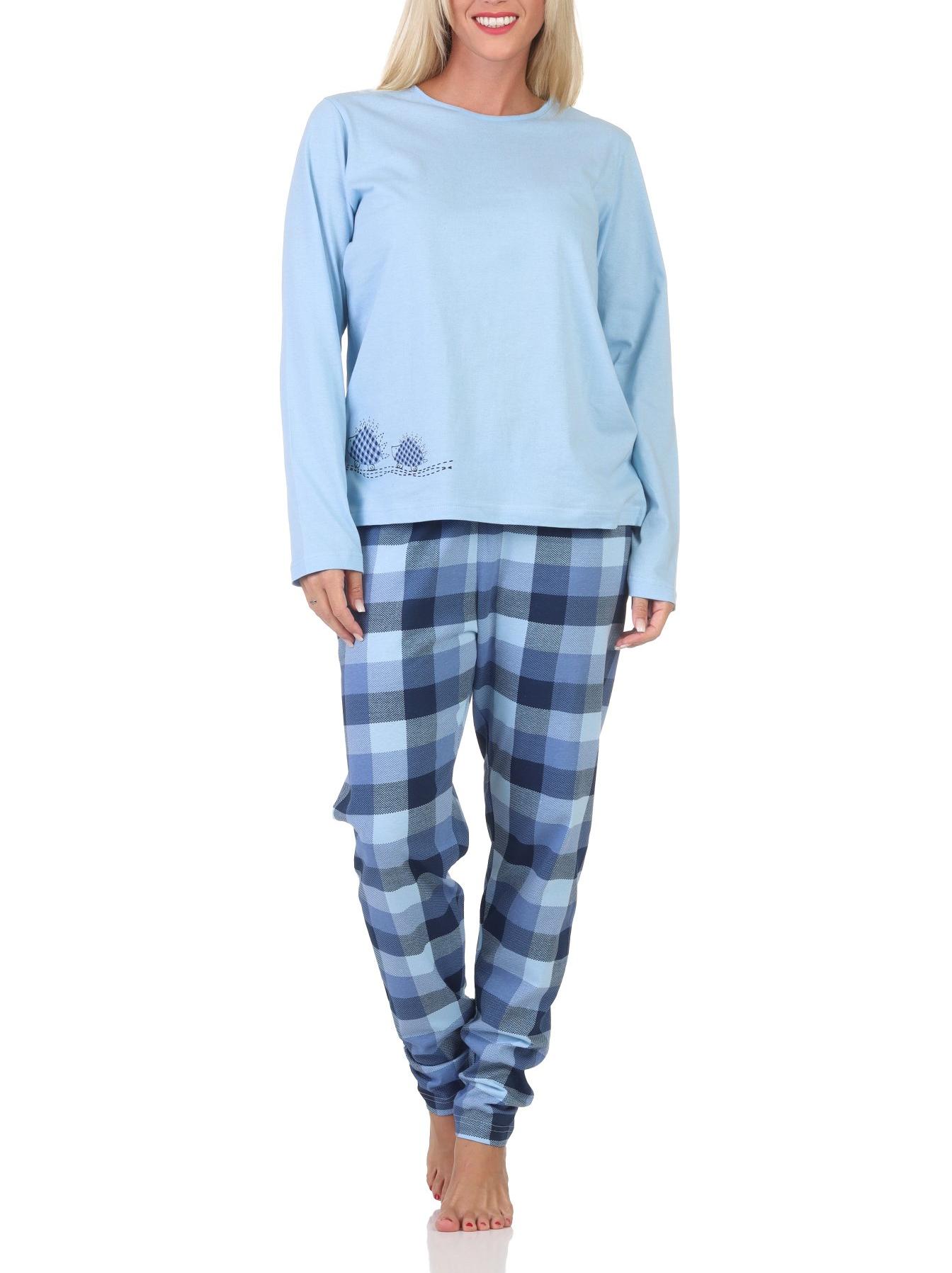 Normann Damen Jersey Schlafanzug langarm Pyjama mit karierter Hose und Tiermotiv