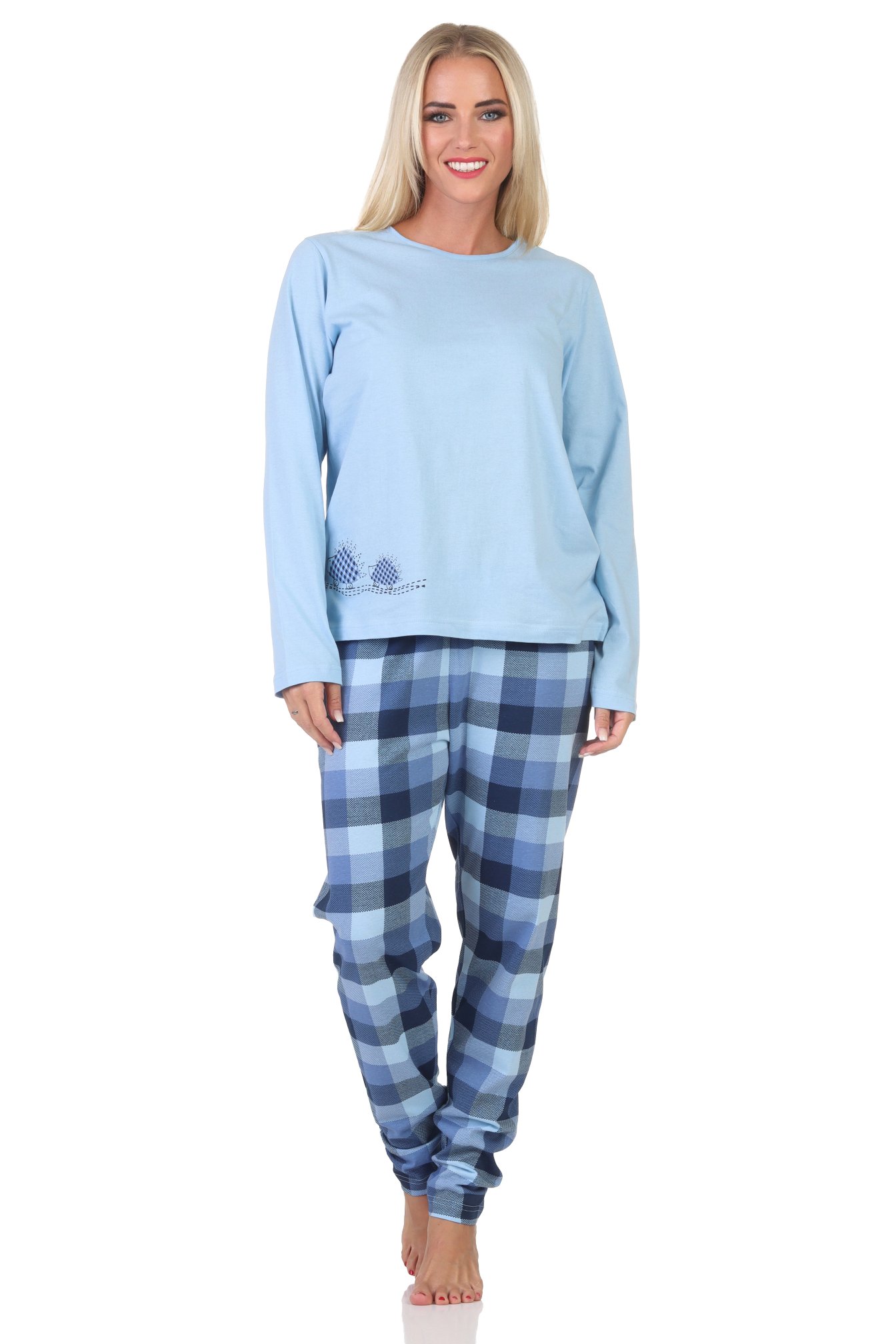 Normann Damen Jersey Schlafanzug langarm Pyjama mit karierter Hose und Tiermotiv