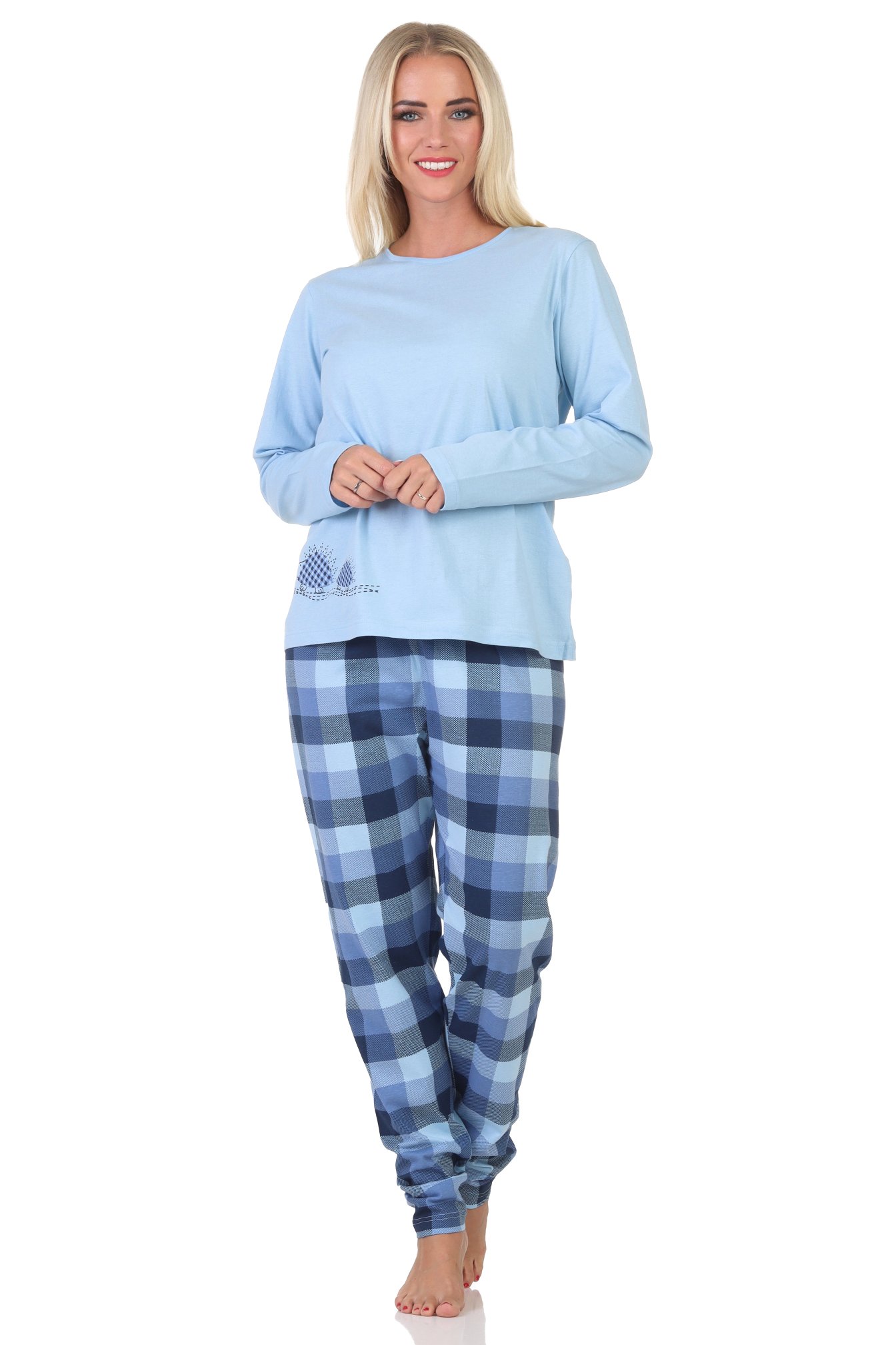 Normann Damen Jersey Schlafanzug langarm Pyjama mit karierter Hose und Tiermotiv