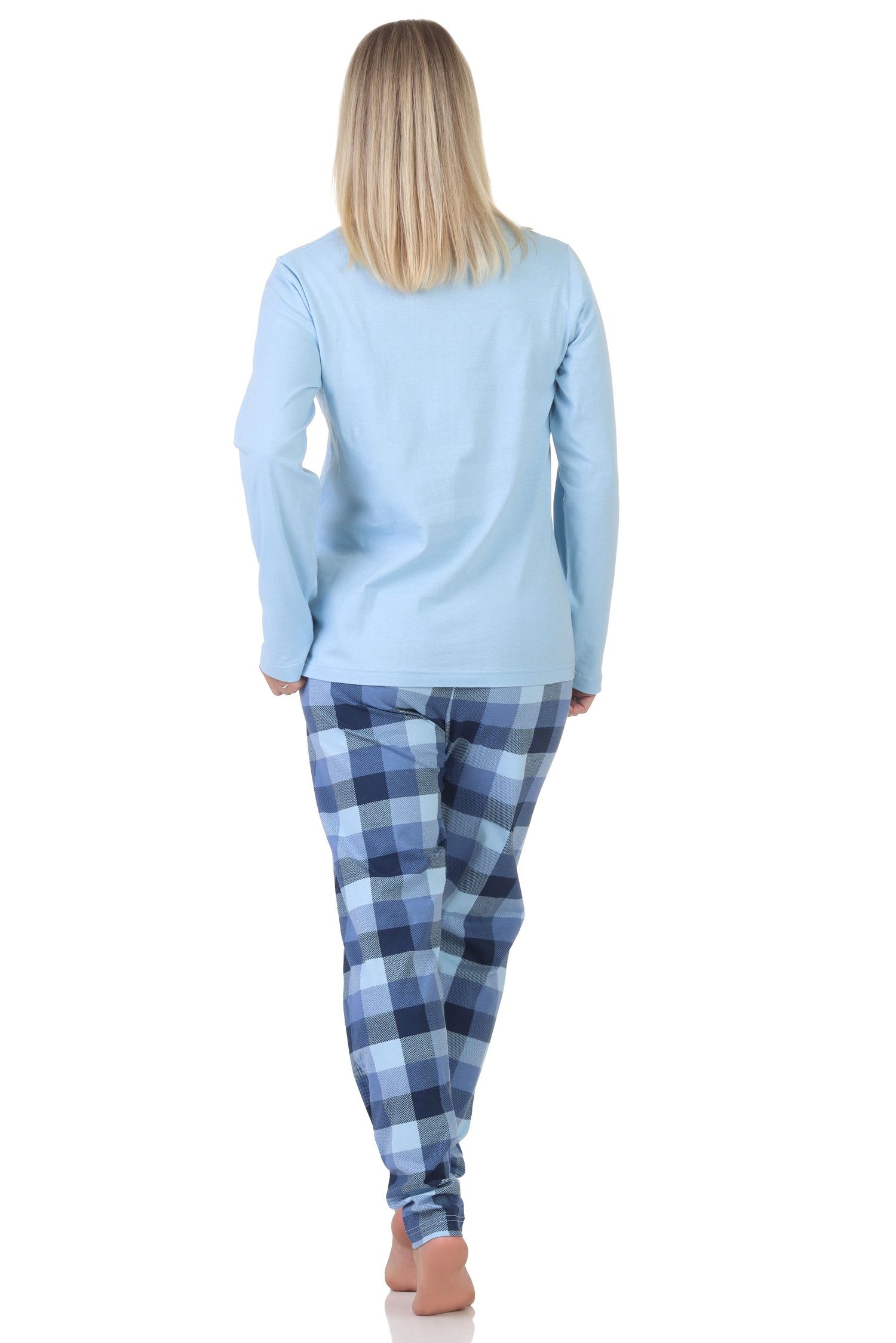 Normann Damen Jersey Schlafanzug langarm Pyjama mit karierter Hose und Tiermotiv