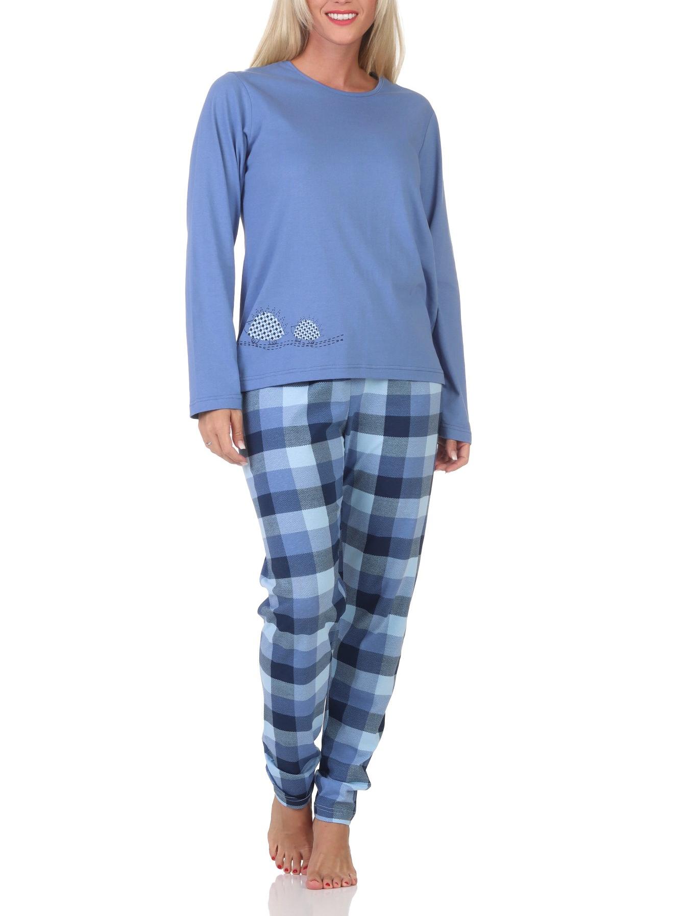 Normann Damen Jersey Schlafanzug langarm Pyjama mit karierter Hose und Tiermotiv