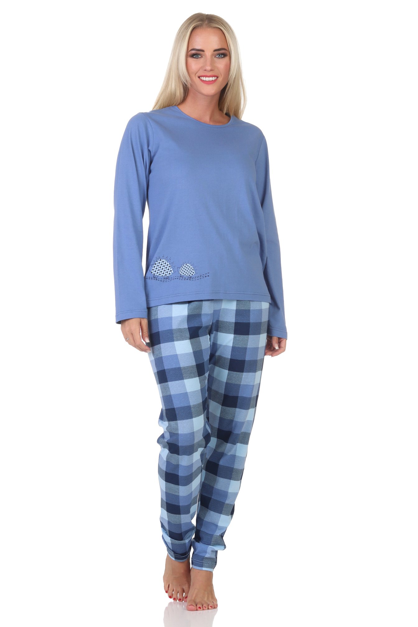 Normann Damen Jersey Schlafanzug langarm Pyjama mit karierter Hose und Tiermotiv