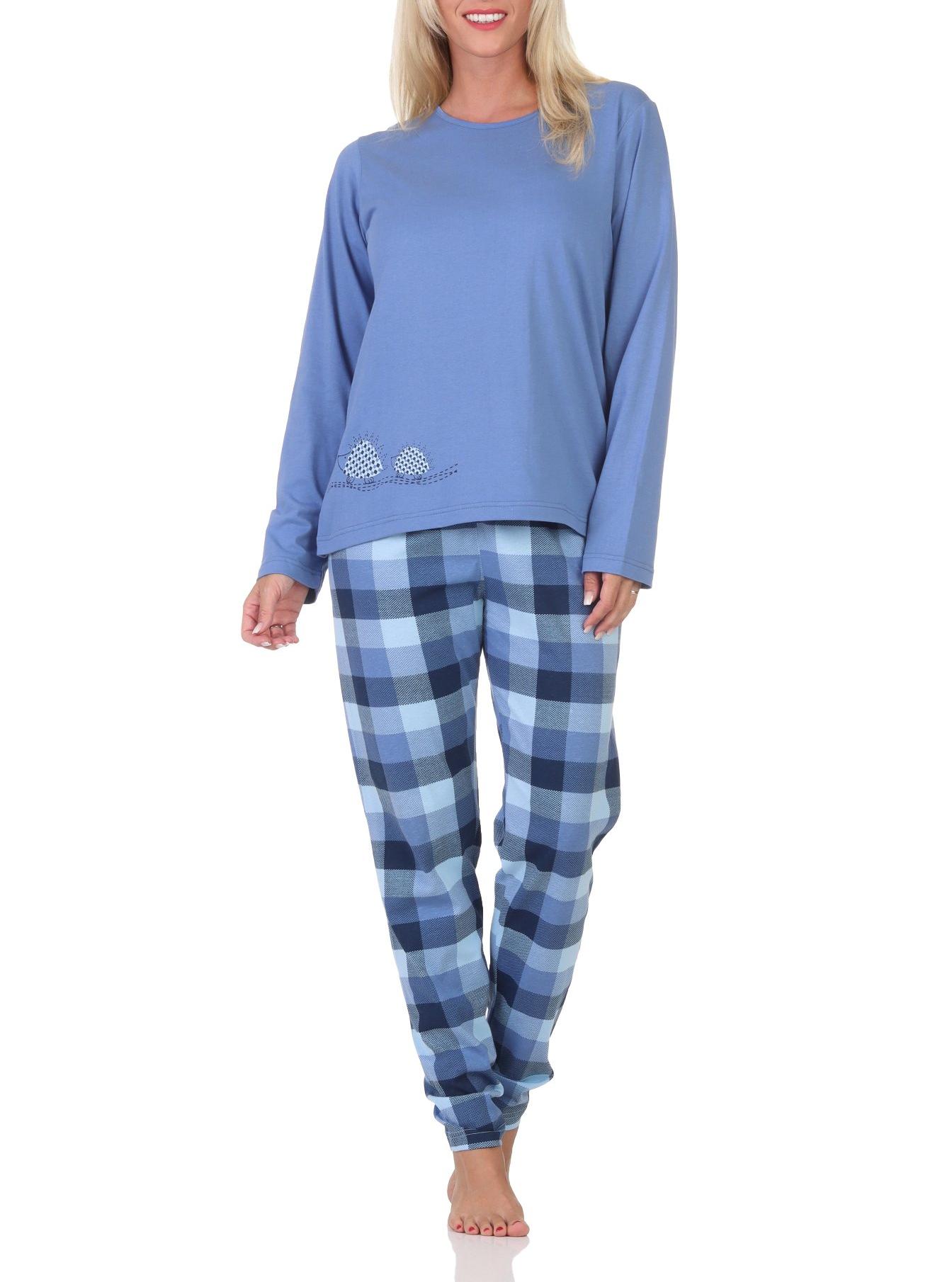 Normann Damen Jersey Schlafanzug langarm Pyjama mit karierter Hose und Tiermotiv