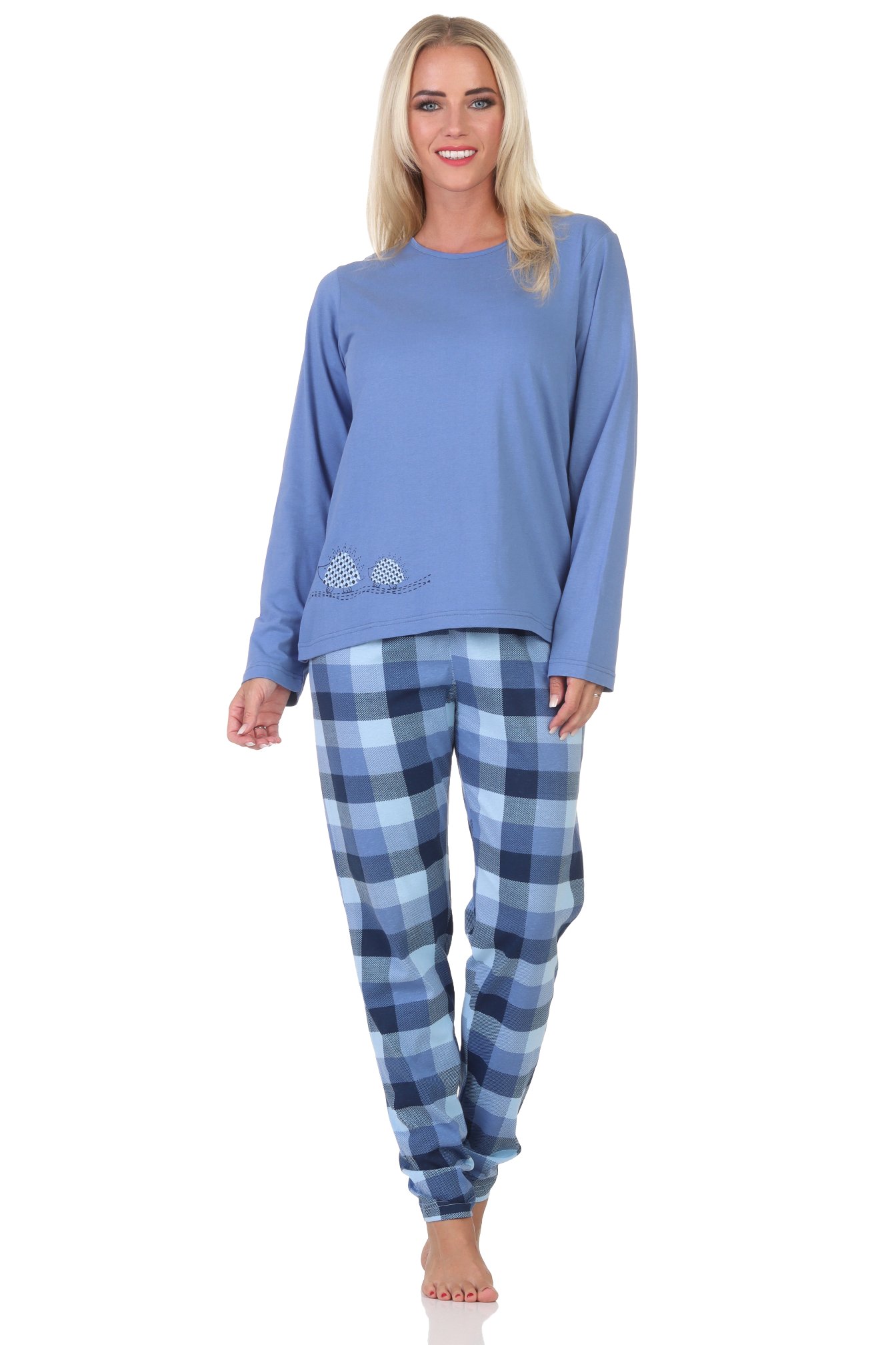 Normann Damen Jersey Schlafanzug langarm Pyjama mit karierter Hose und Tiermotiv