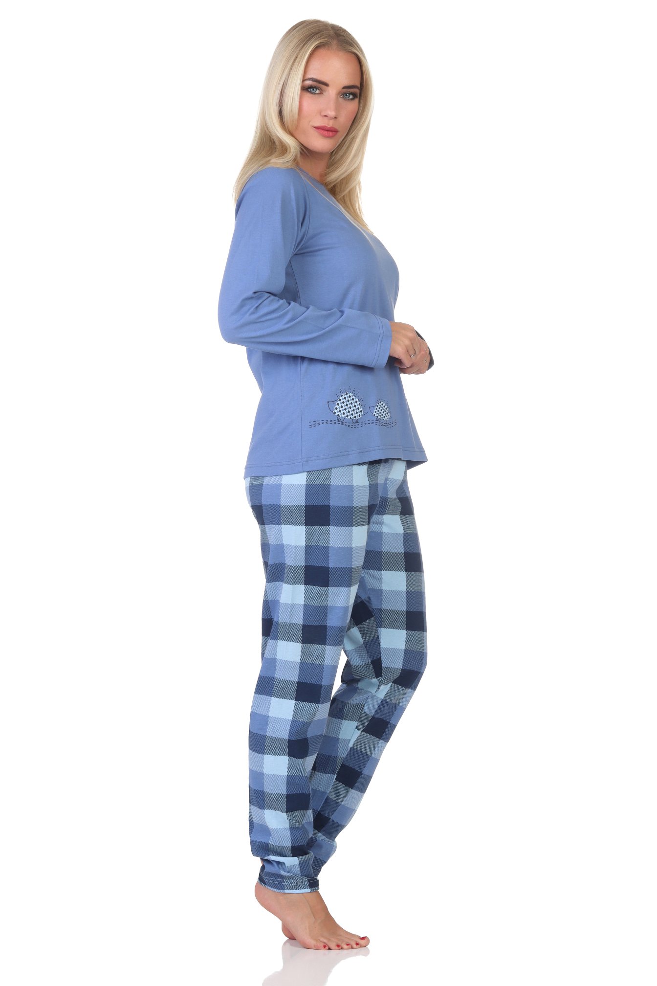 Normann Damen Jersey Schlafanzug langarm Pyjama mit karierter Hose und Tiermotiv