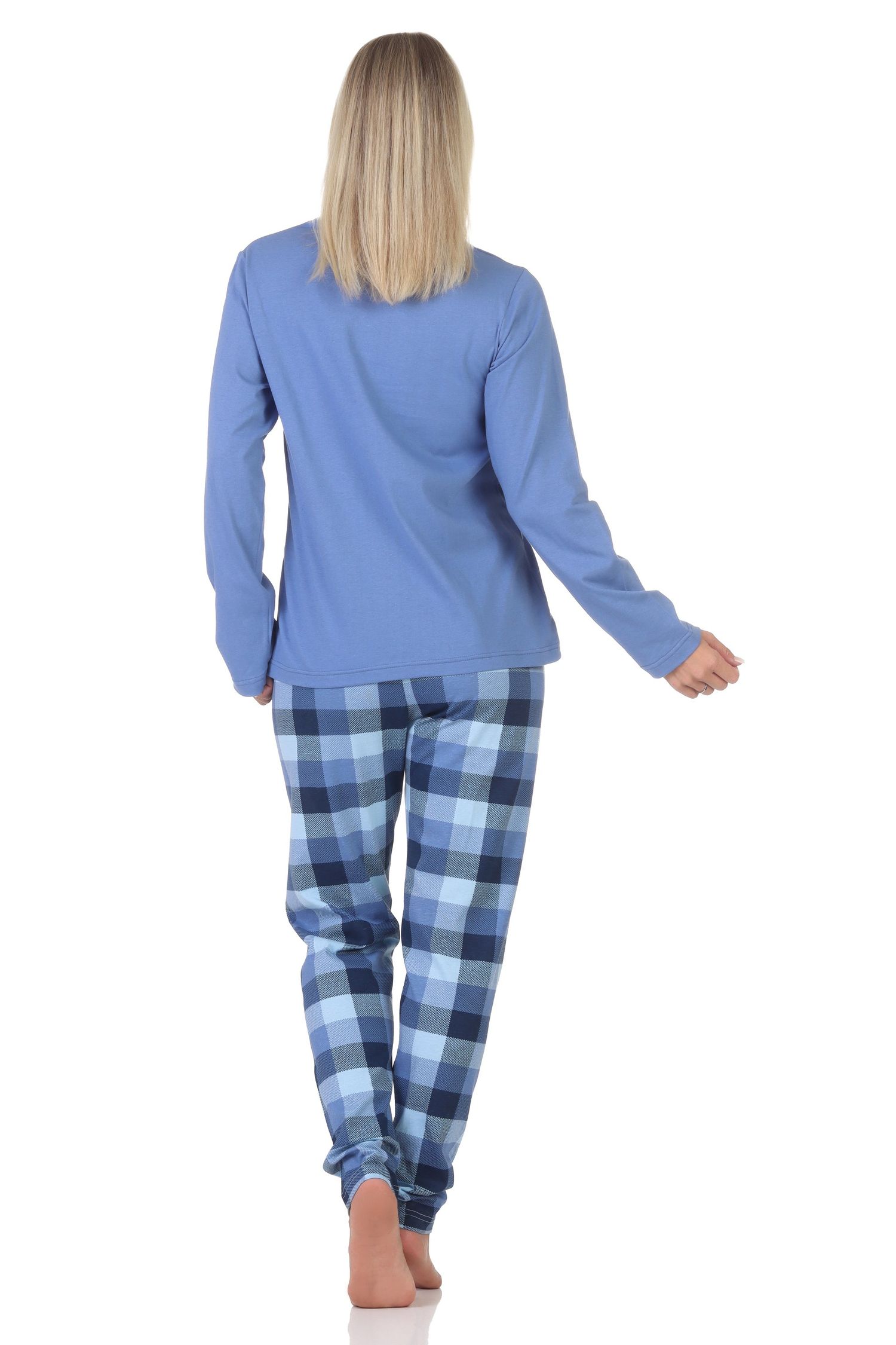Normann Damen Jersey Schlafanzug langarm Pyjama mit karierter Hose und Tiermotiv
