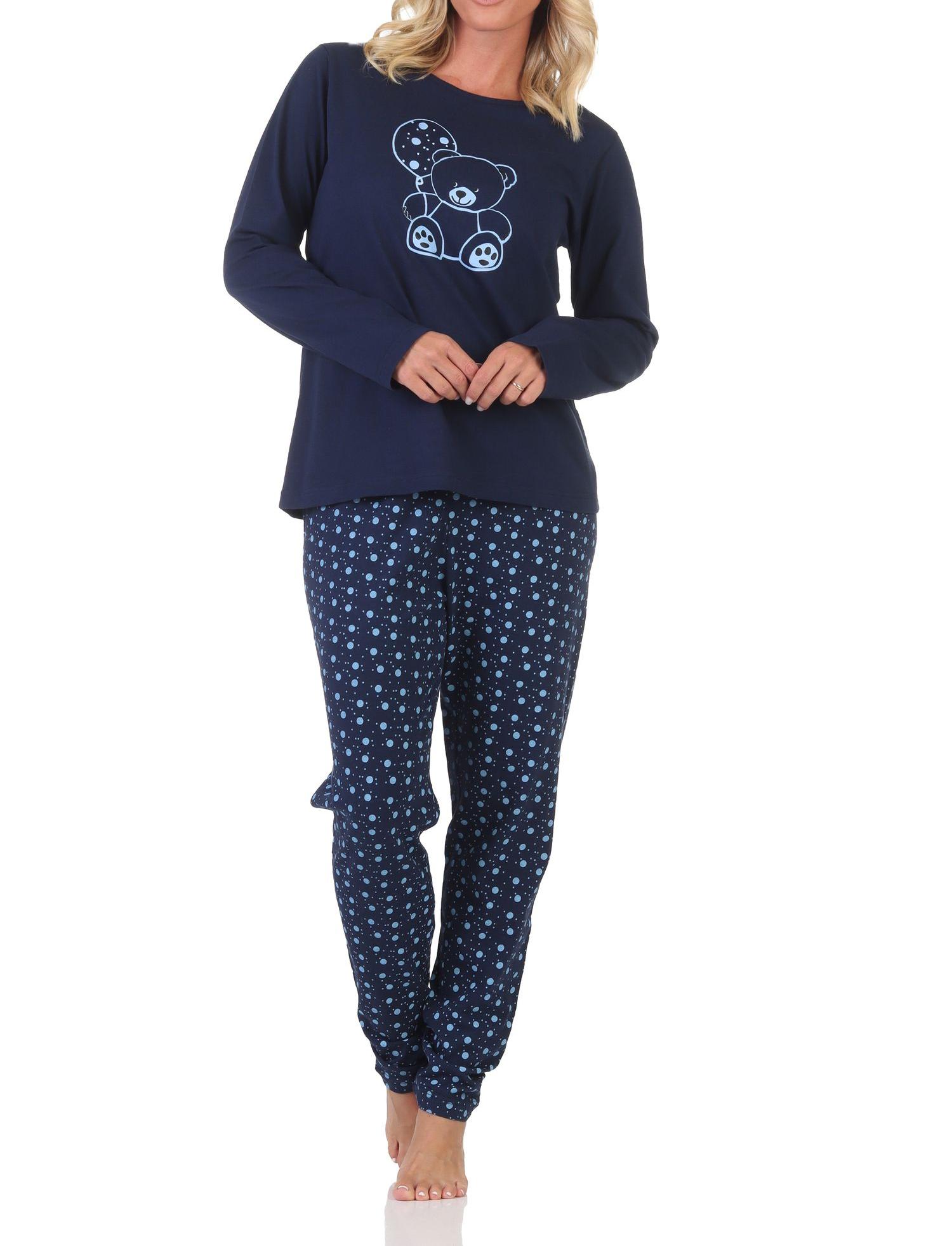 Niedlicher Normann Damen Pyjama Schlafanzug langarm mit süßem Teddy-Motiv und Punkten