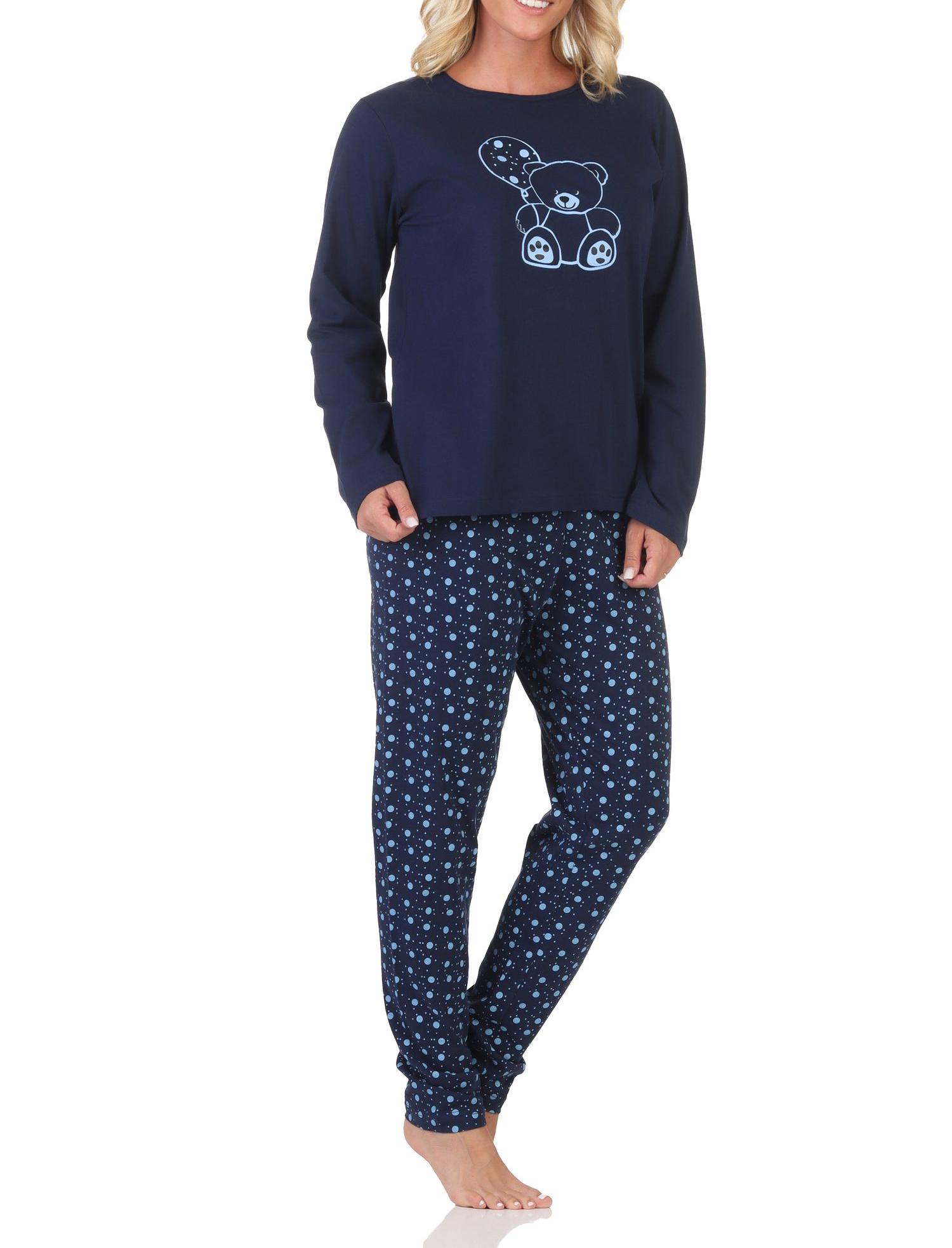 Niedlicher Normann Damen Pyjama Schlafanzug langarm mit süßem Teddy-Motiv und Punkten