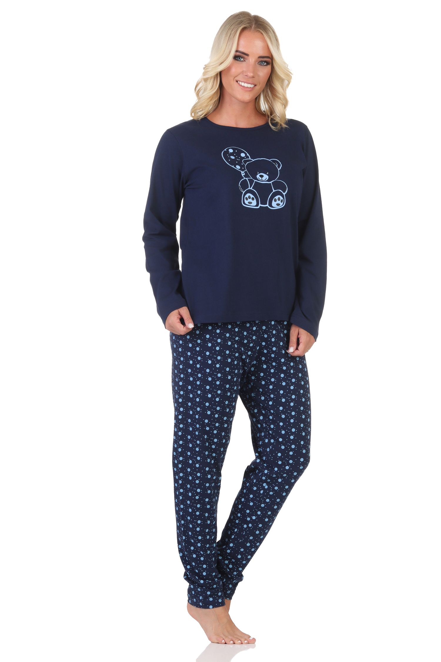 Niedlicher Normann Damen Pyjama Schlafanzug langarm mit süßem Teddy-Motiv und Punkten