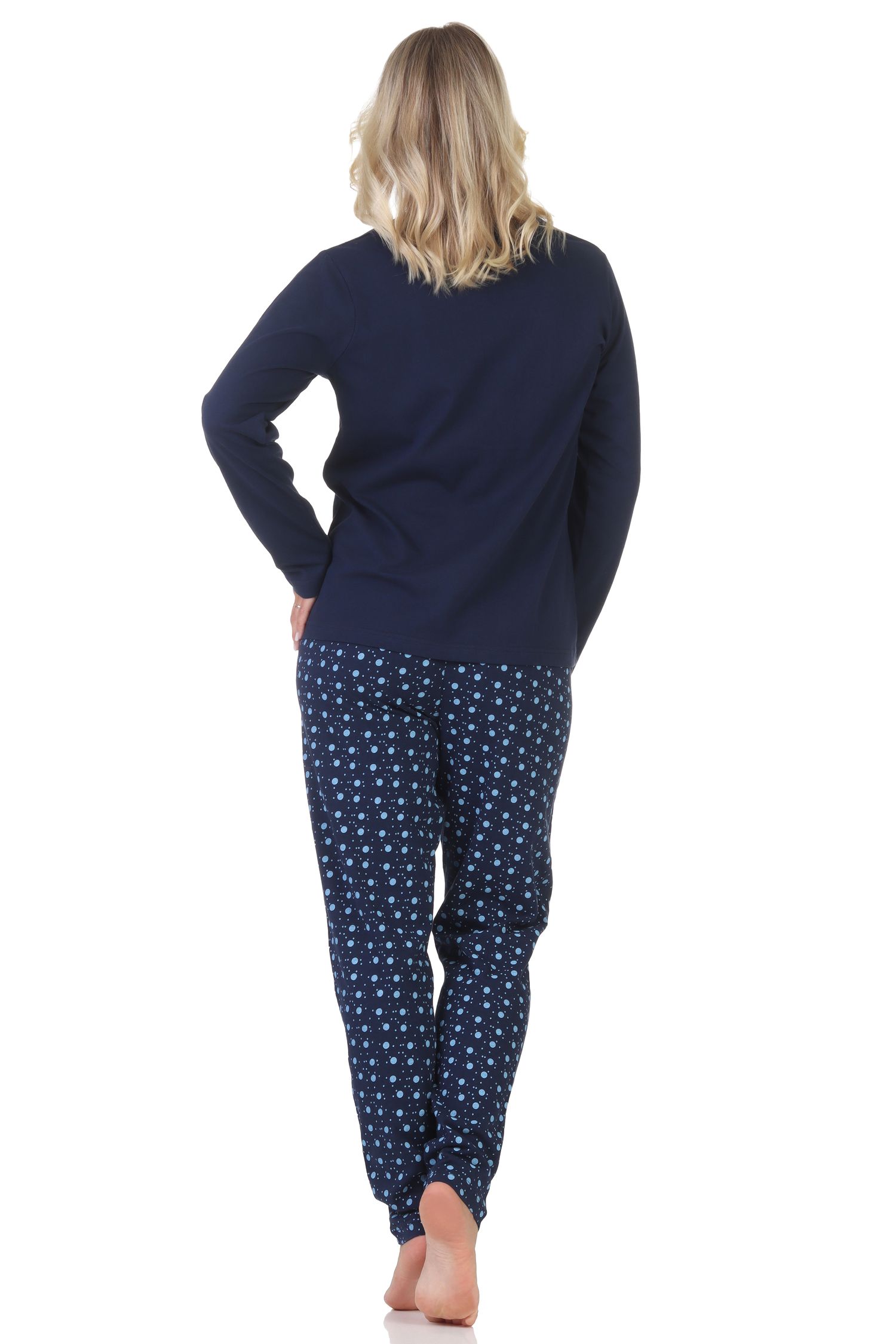 Niedlicher Normann Damen Pyjama Schlafanzug langarm mit süßem Teddy-Motiv und Punkten