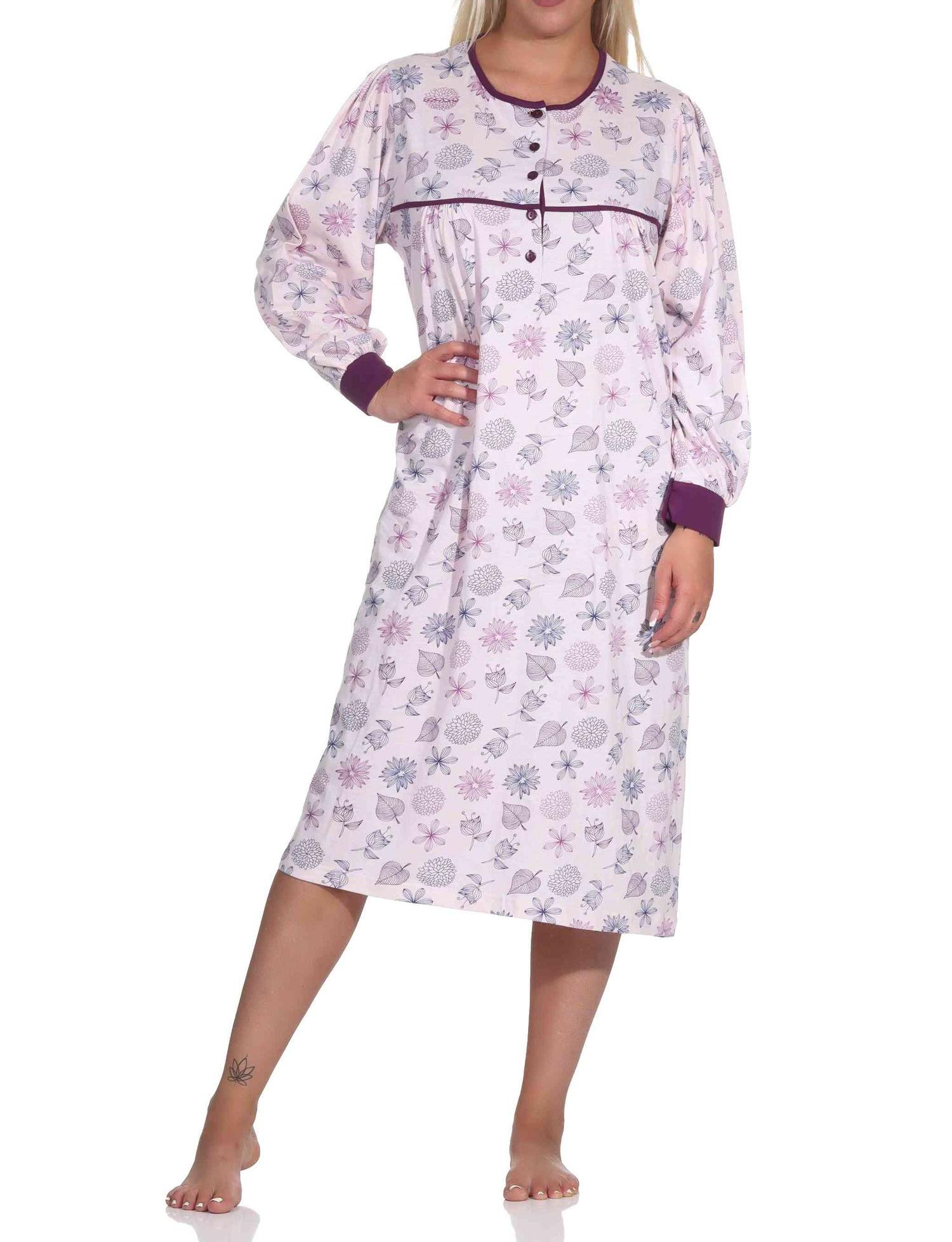 Normann Damen langarm Nachthemd im klassischen fraulichen Design mit Knopfleiste am Hals