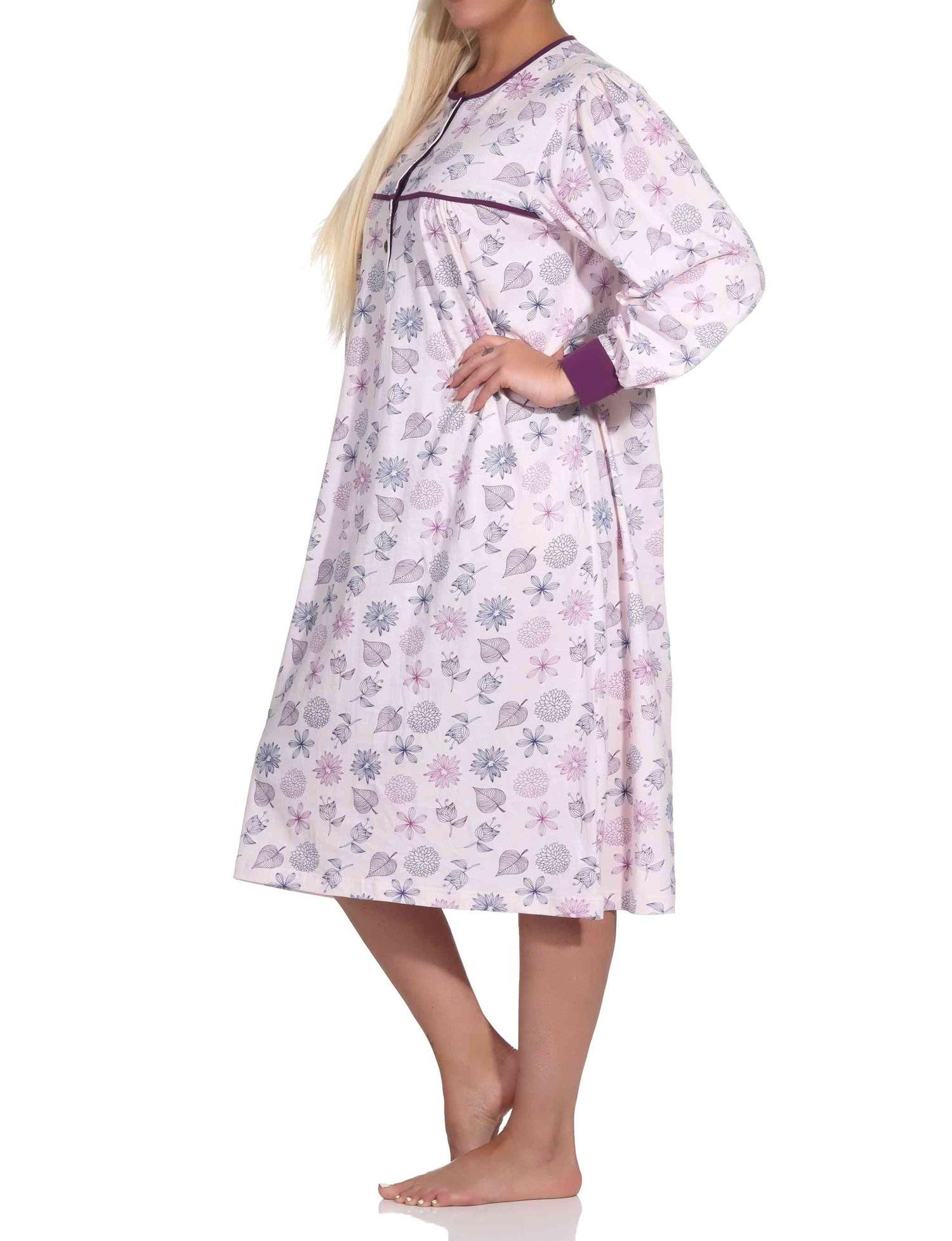 Normann Damen langarm Nachthemd im klassischen fraulichen Design mit Knopfleiste am Hals