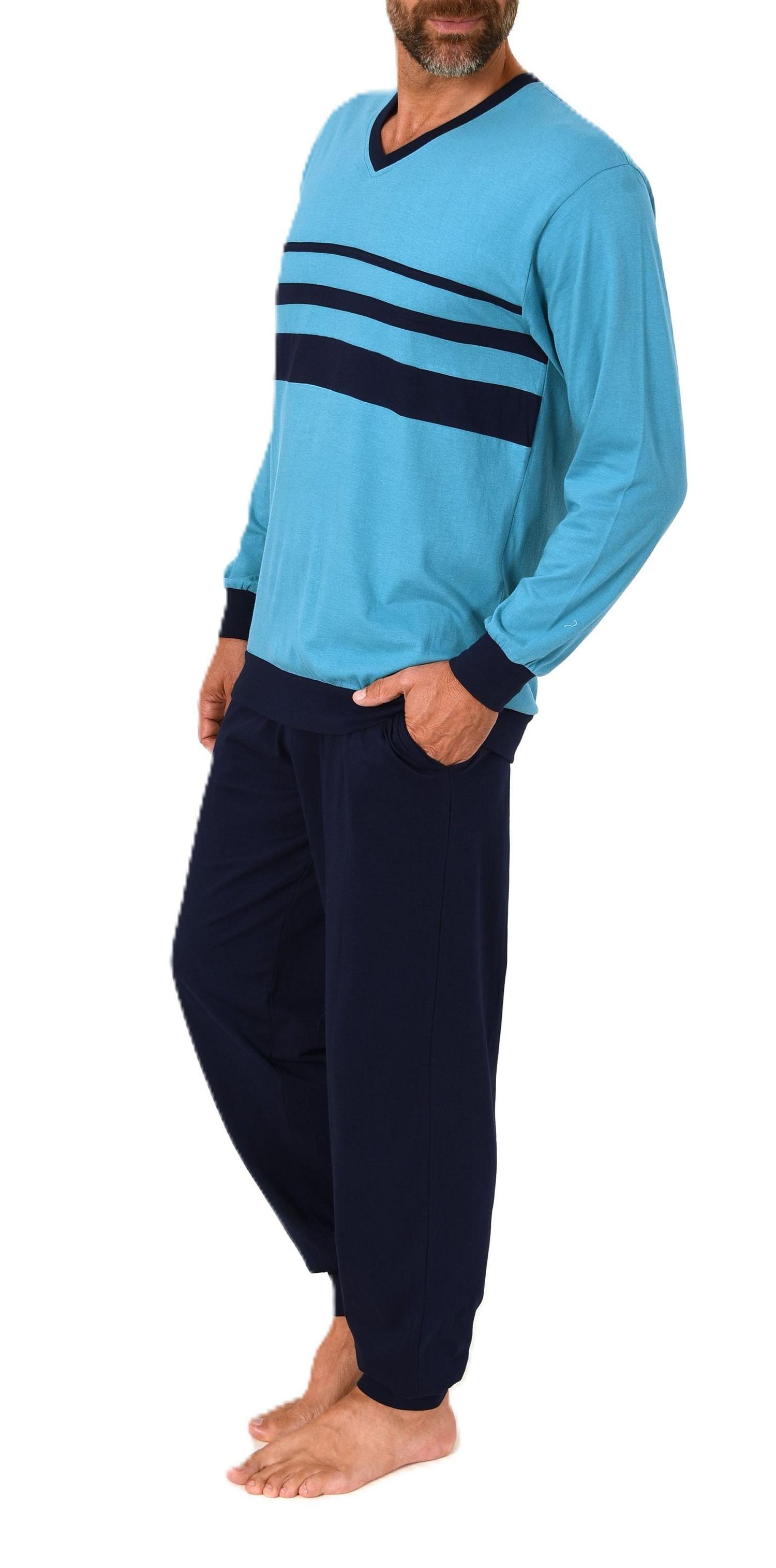 Normann Herren Schlafanzug lang Pyjama mit eleganten Front-Streifen – auch in Übergröße