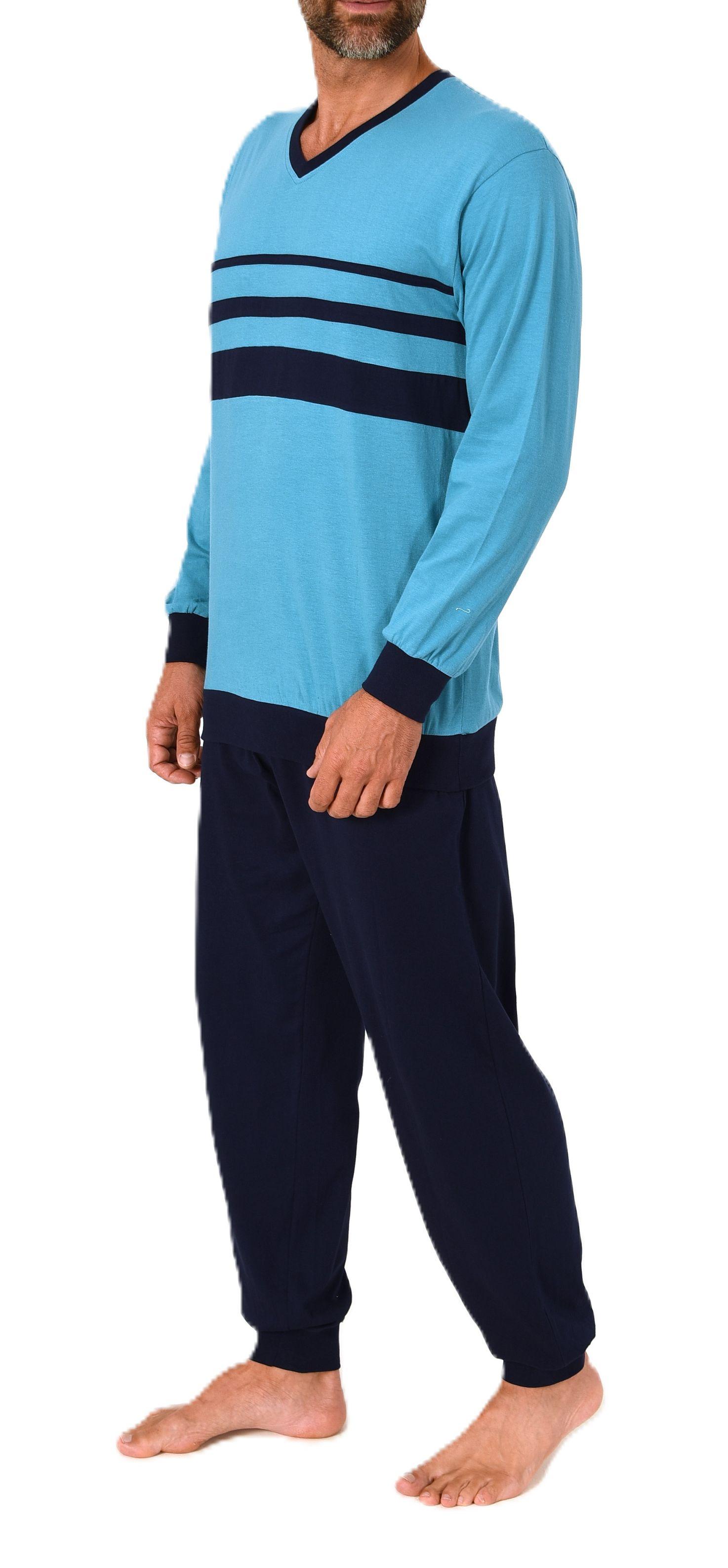 Normann Herren Schlafanzug lang Pyjama mit eleganten Front-Streifen – auch in Übergröße