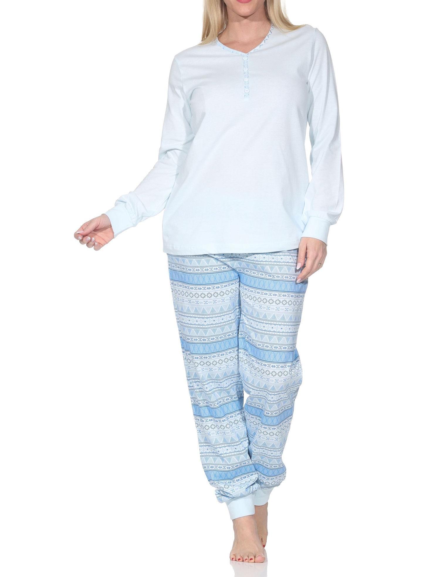 Normann Damen Schlafanzug lang Pyjama mit Bündchen im Ethnolook - auch in Übergrößen