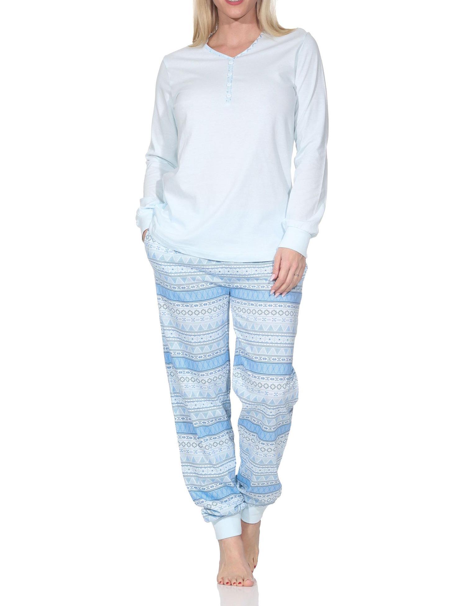 Normann Damen Schlafanzug lang Pyjama mit Bündchen im Ethnolook - auch in Übergrößen