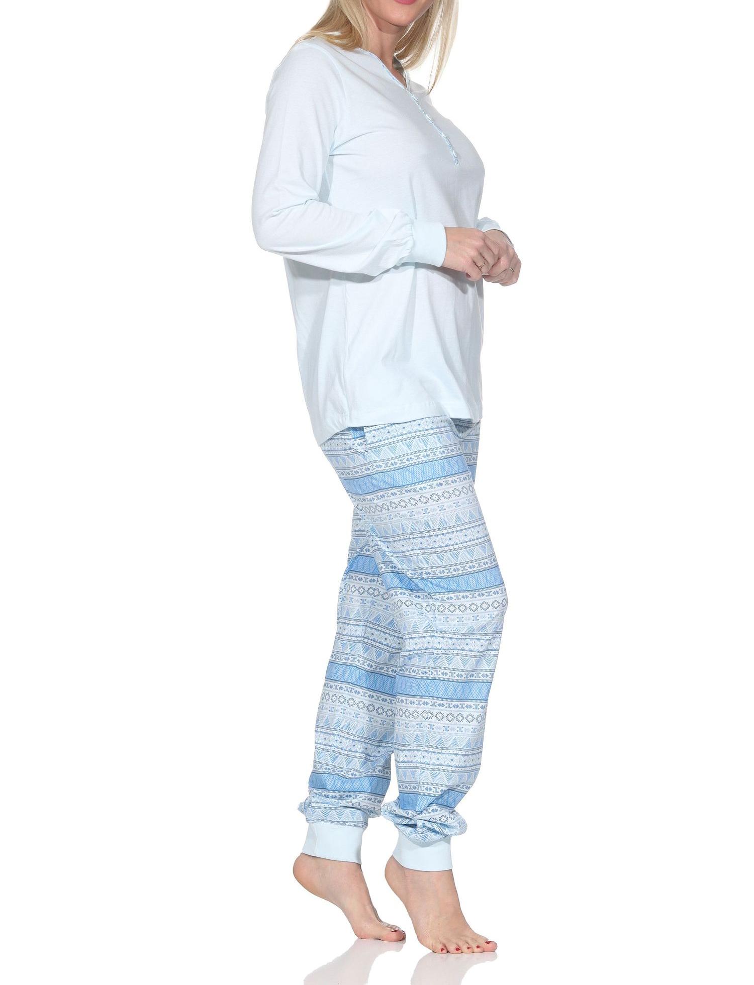 Normann Damen Schlafanzug lang Pyjama mit Bündchen im Ethnolook - auch in Übergrößen