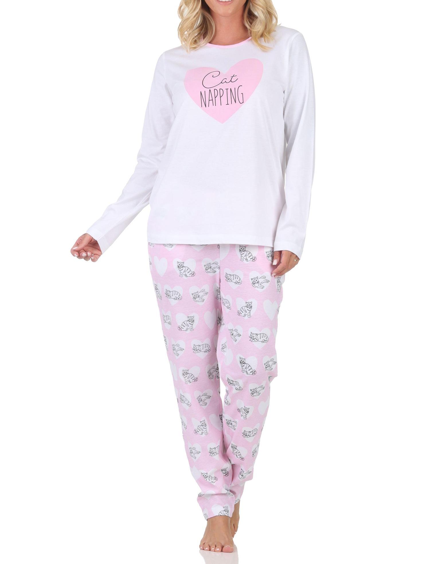 Normann Damen langarm Schlafanzug Pyjama mit Herz und Katzenmotiv