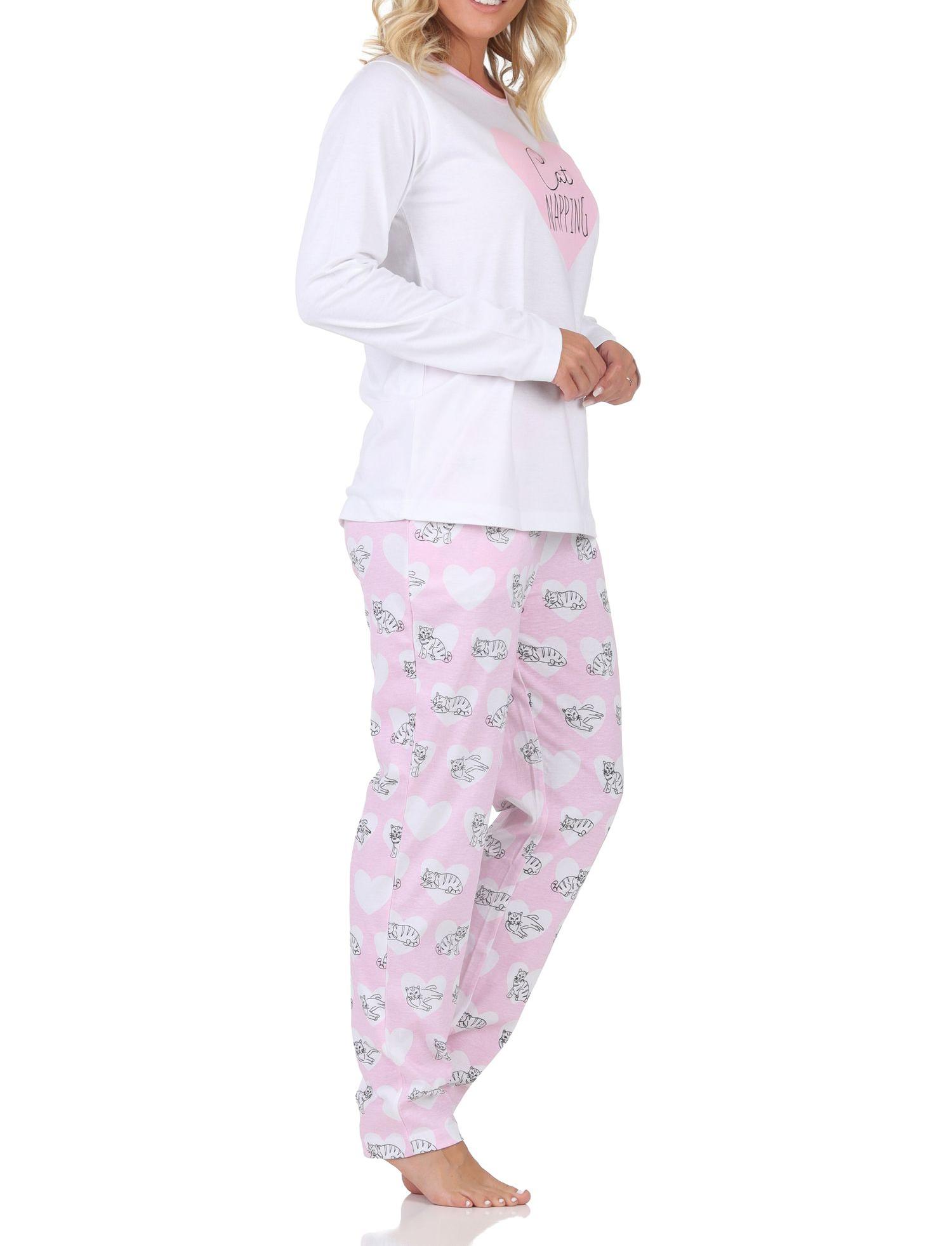 Normann Damen langarm Schlafanzug Pyjama mit Herz und Katzenmotiv