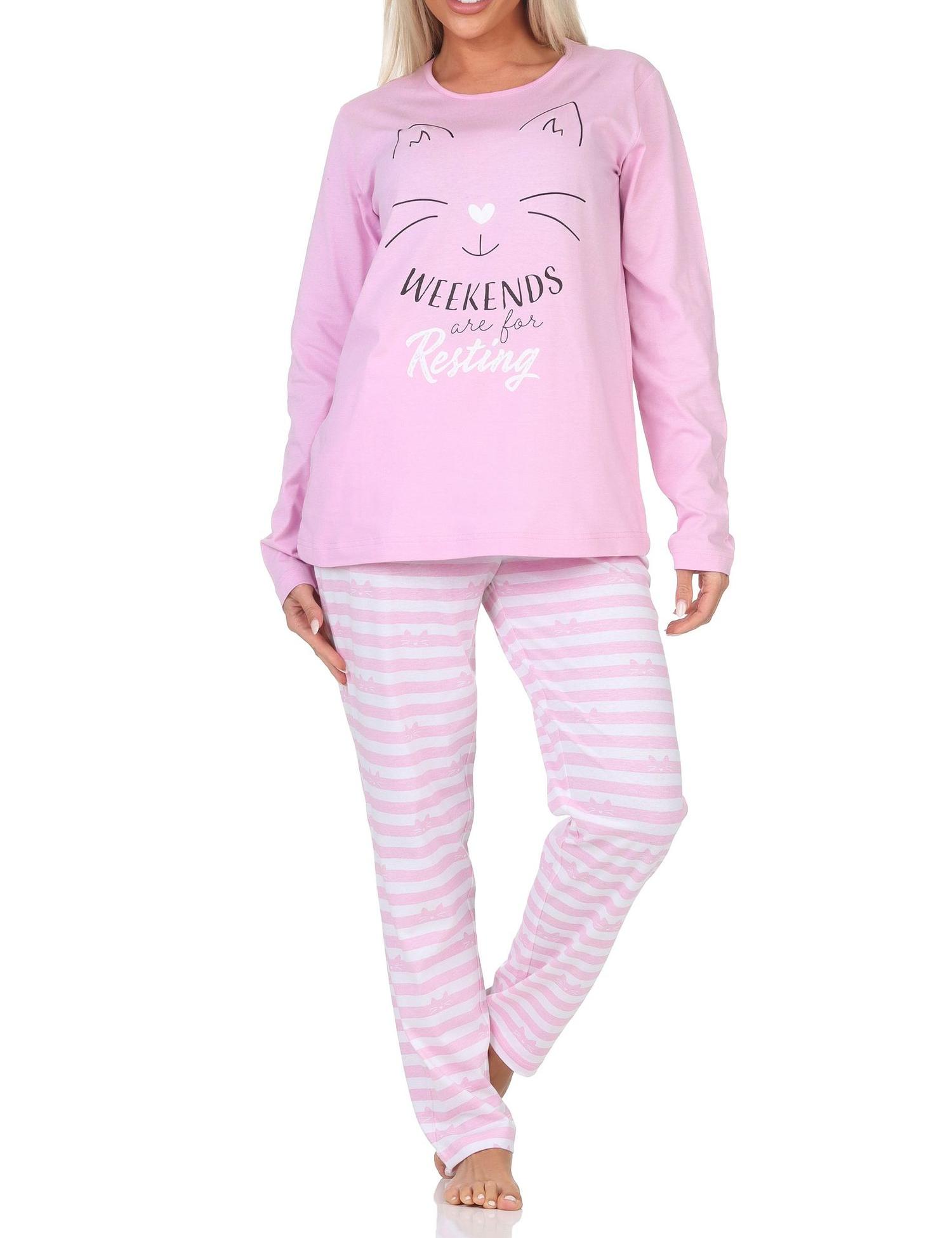 Normann Damen langarm Schlafanzug Pyjama in Katzen Optik – auch in Übergröße