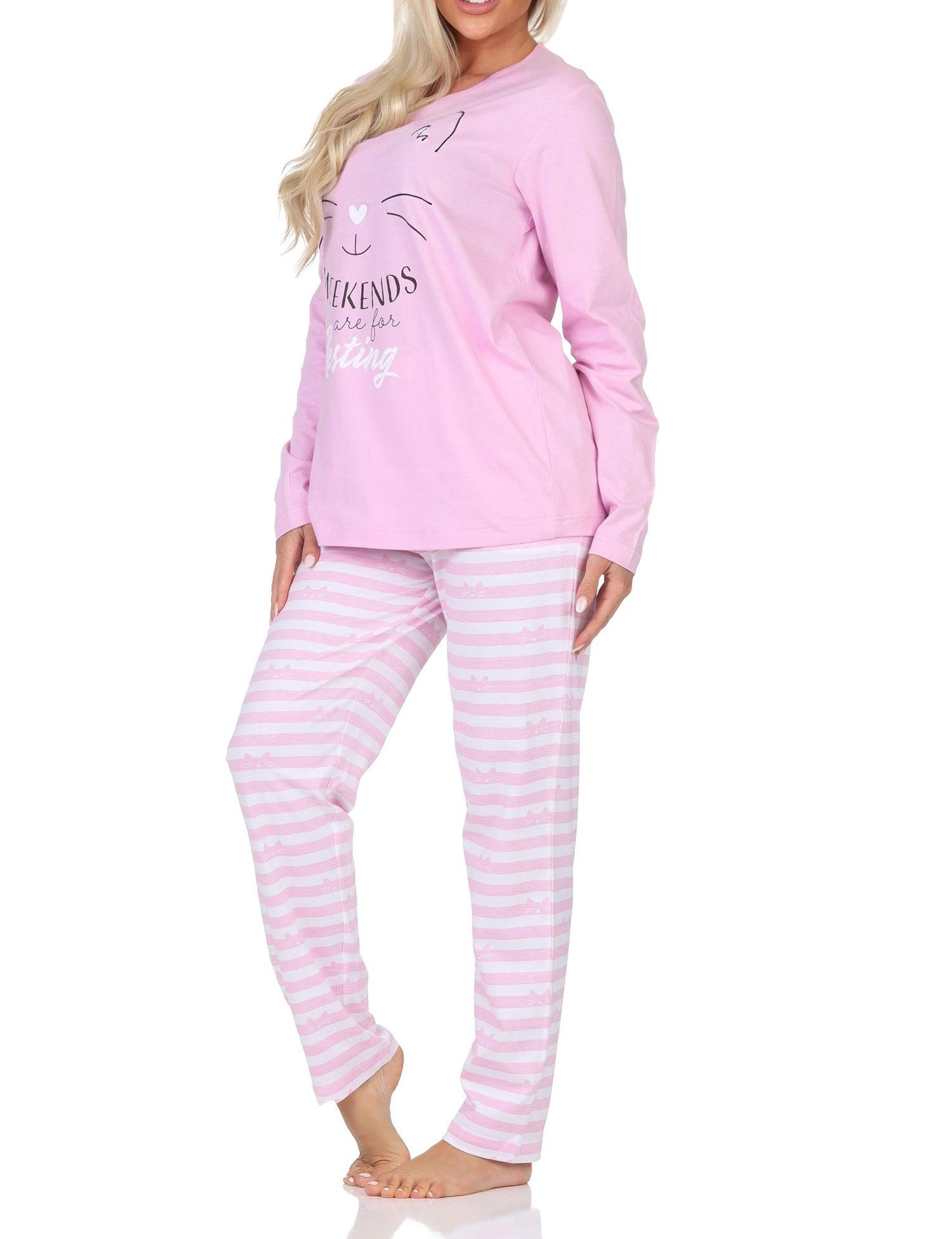 Normann Damen langarm Schlafanzug Pyjama in Katzen Optik – auch in Übergröße