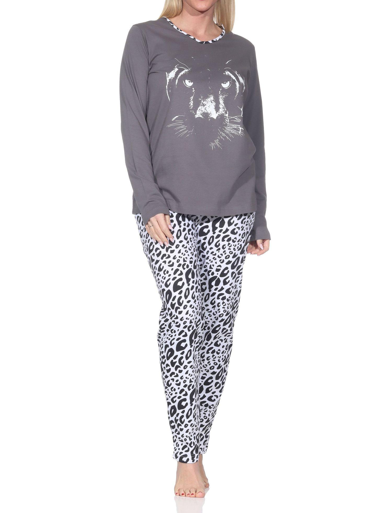 Normann Damen Schlafanzug langarm Pyjama mit Animal Print Motiv – auch in Übergröße