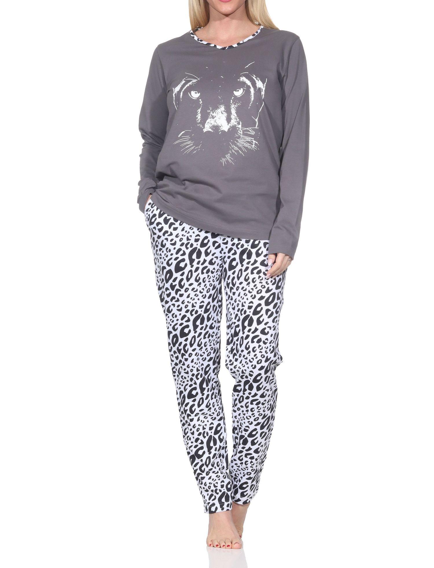Normann Damen Schlafanzug langarm Pyjama mit Animal Print Motiv – auch in Übergröße