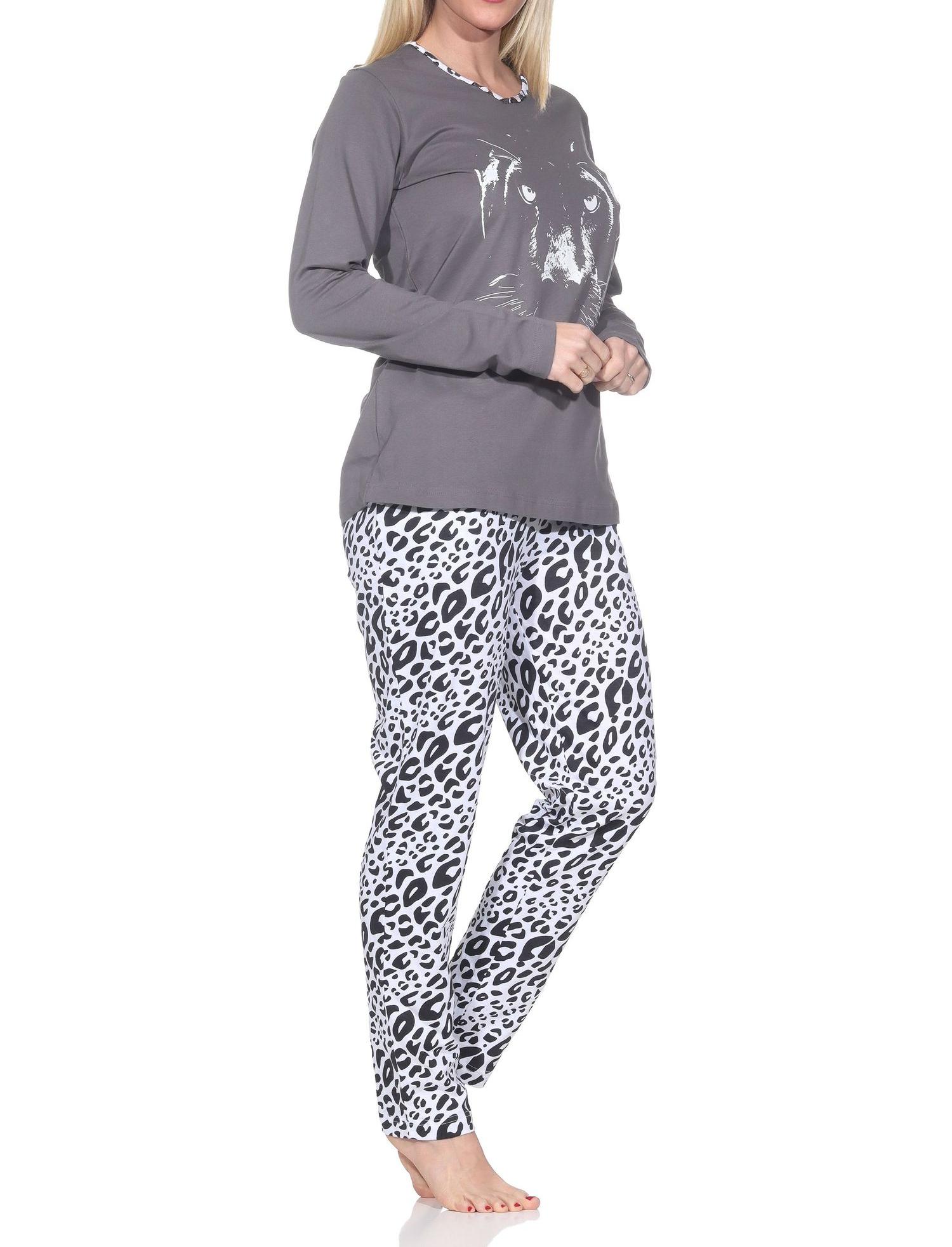 Normann Damen Schlafanzug langarm Pyjama mit Animal Print Motiv – auch in Übergröße