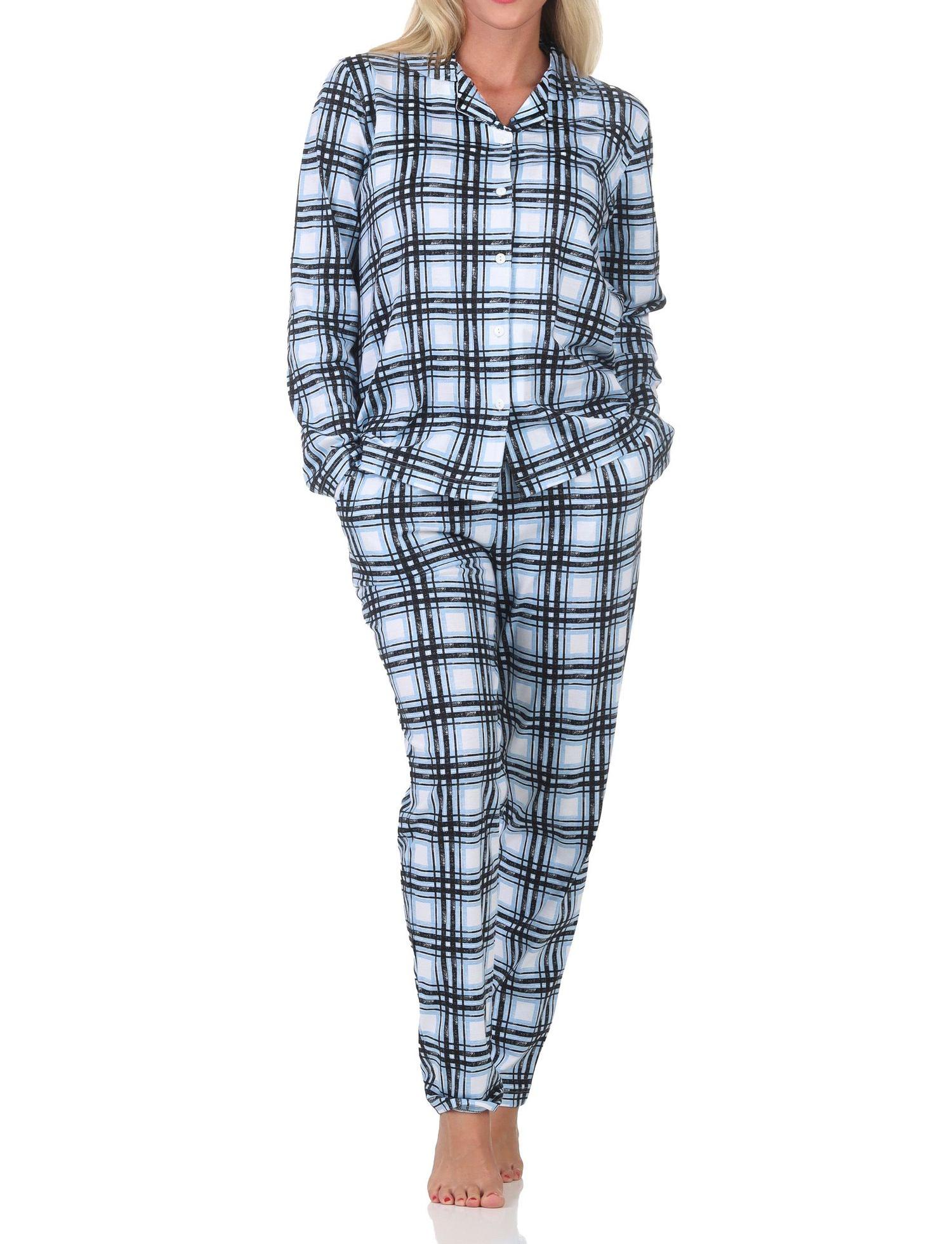 Normann Damen Jersey Pyjama langarm zum durchknöpfen in Karo Optik - auch in Übergröße
