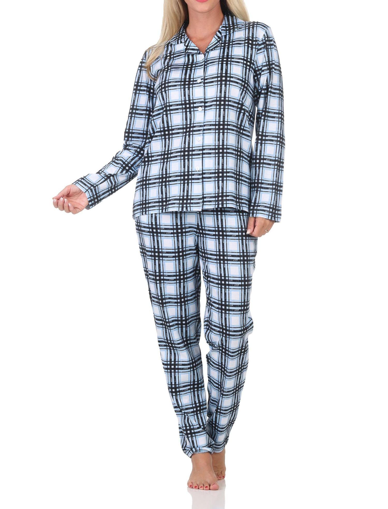 Normann Damen Jersey Pyjama langarm zum durchknöpfen in Karo Optik - auch in Übergröße