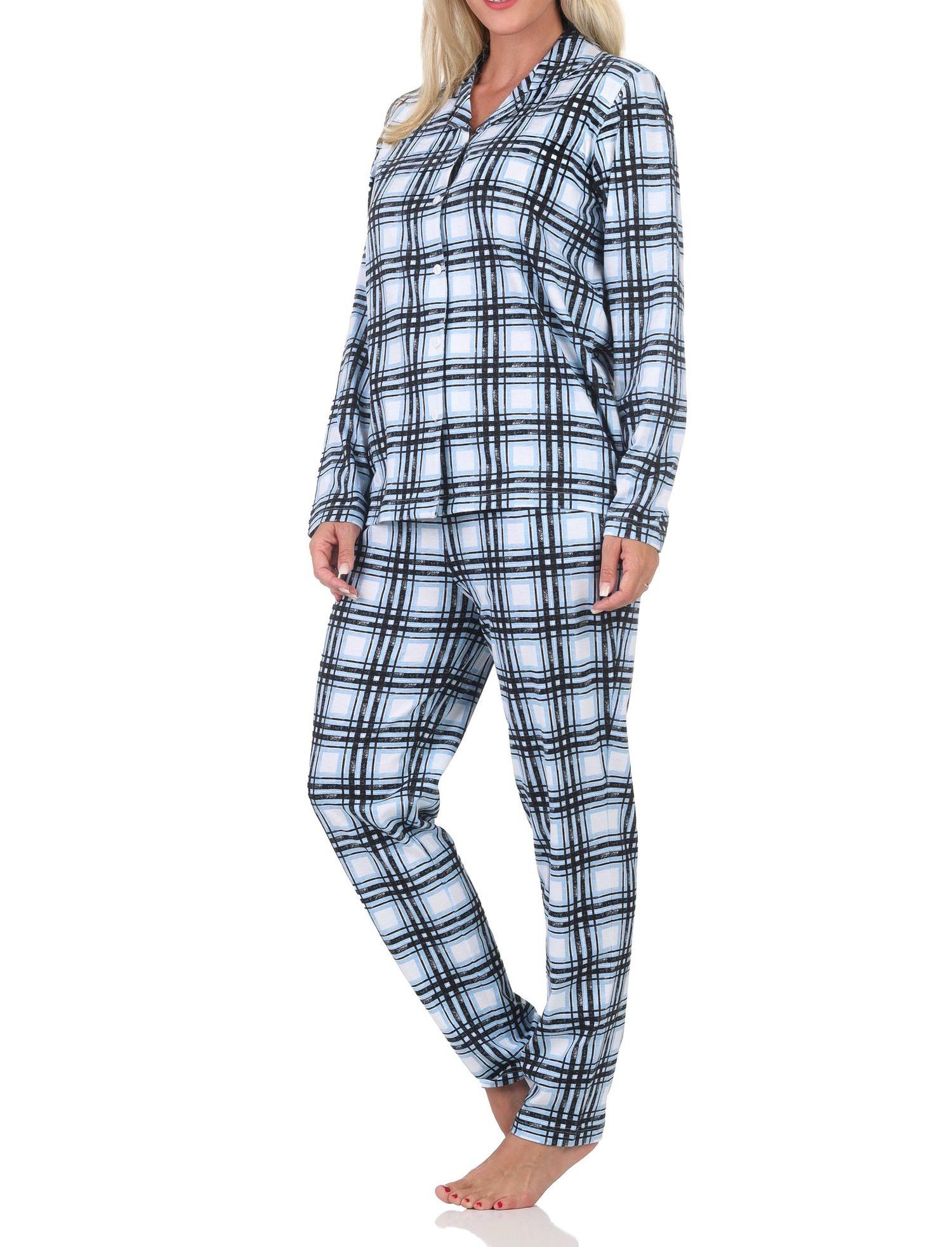 Normann Damen Jersey Pyjama langarm zum durchknöpfen in Karo Optik - auch in Übergröße