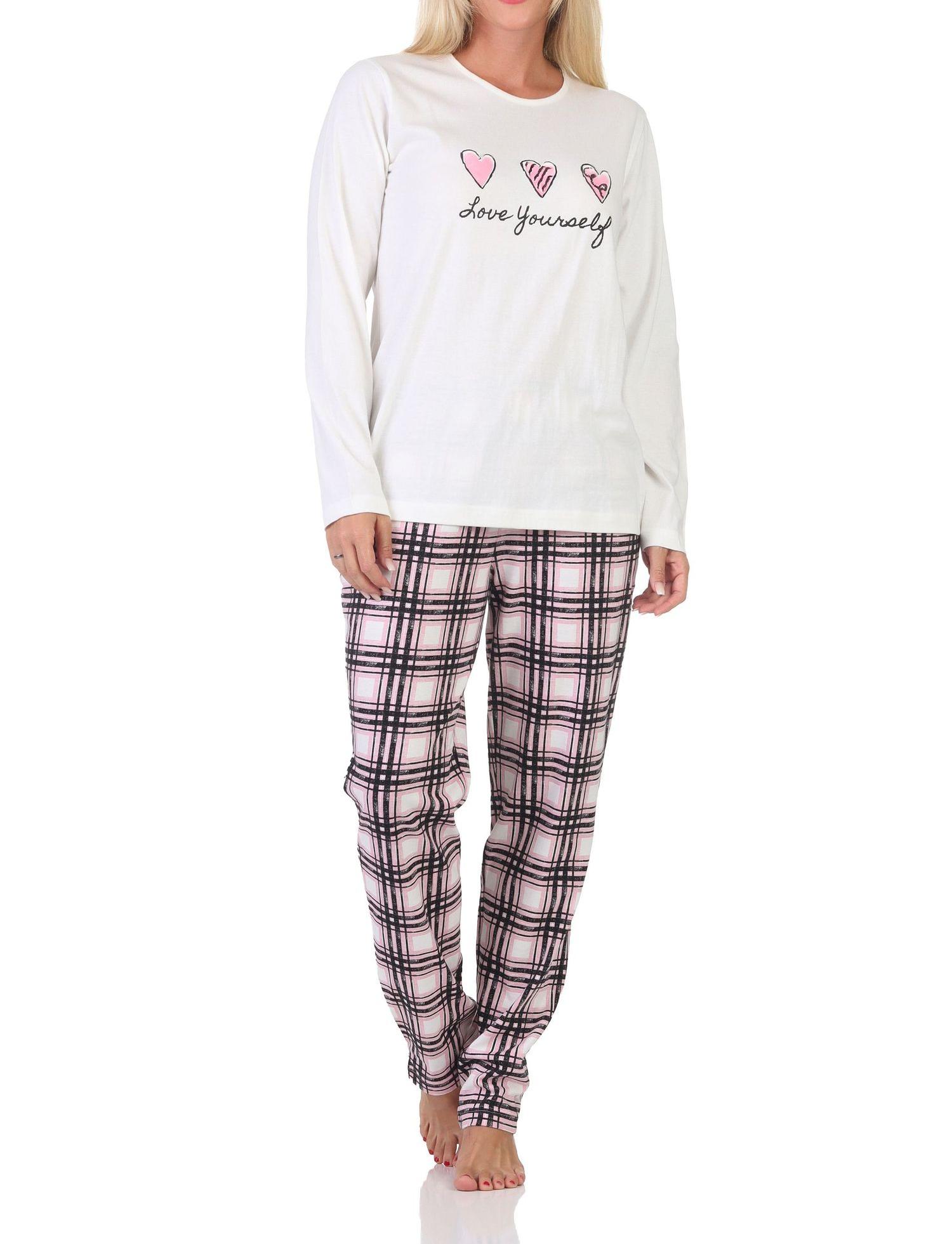 Normann Damen Schlafanzug mit karierter Pyjama-Hose aus Jersey - auch in Übergrößen