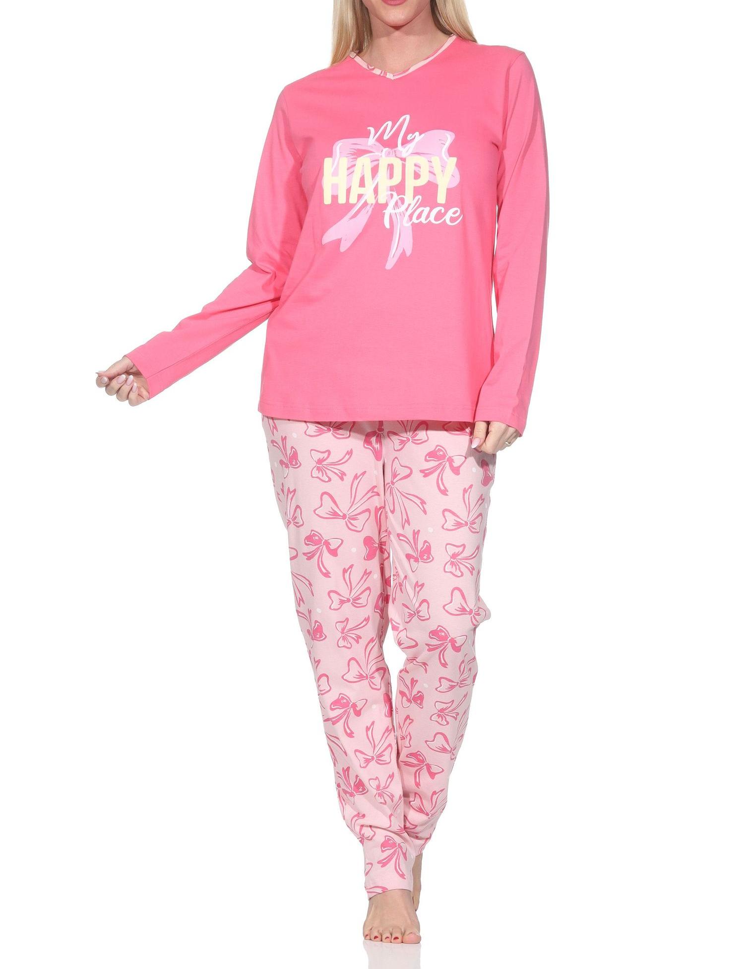 Normann Damen Schlafanzug lang Pyjama in edler Optik mit Schleifen als Motiv