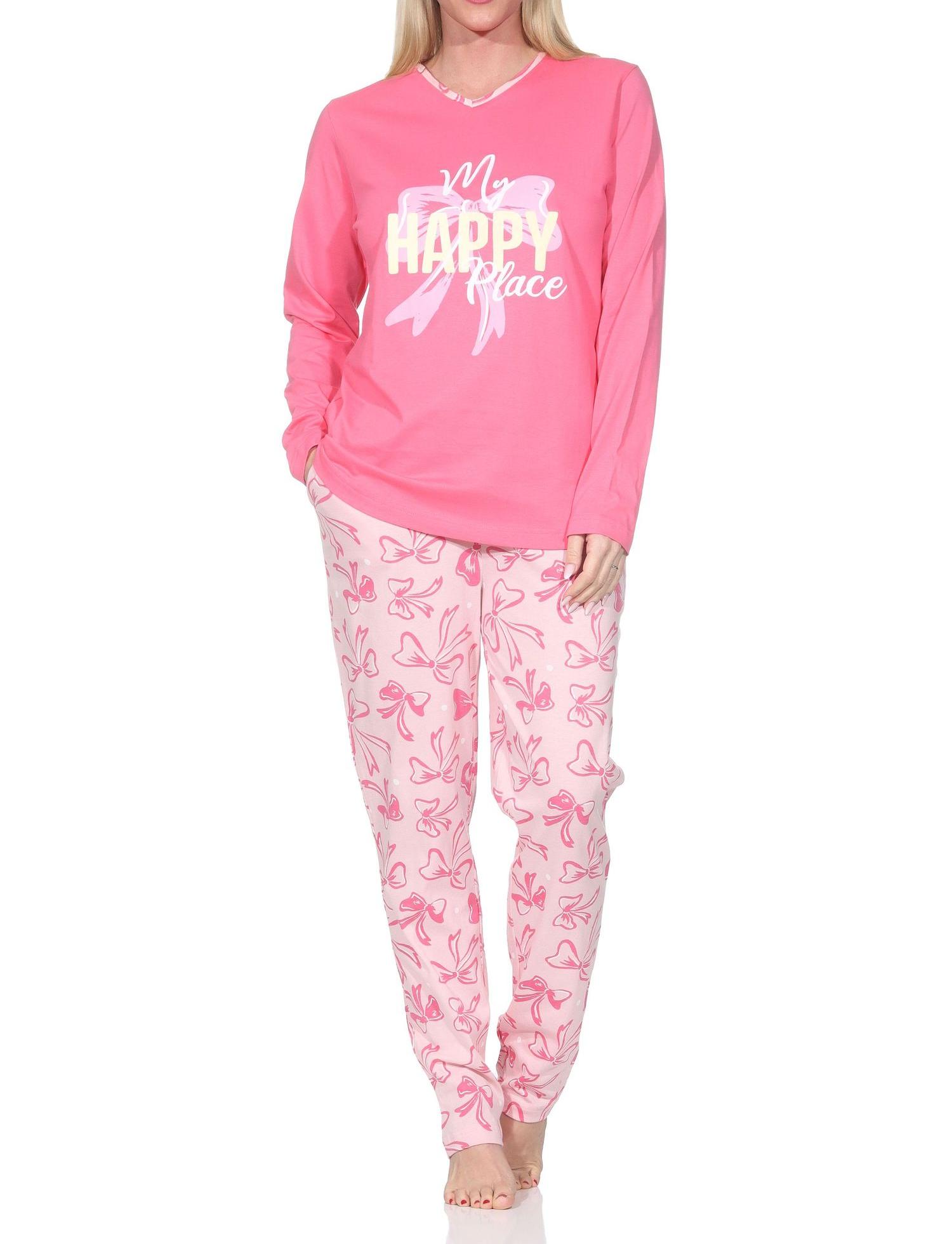 Normann Damen Schlafanzug lang Pyjama in edler Optik mit Schleifen als Motiv