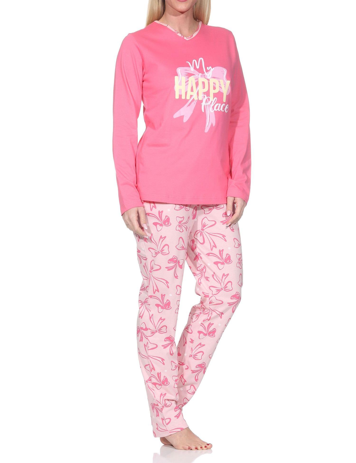 Normann Damen Schlafanzug lang Pyjama in edler Optik mit Schleifen als Motiv