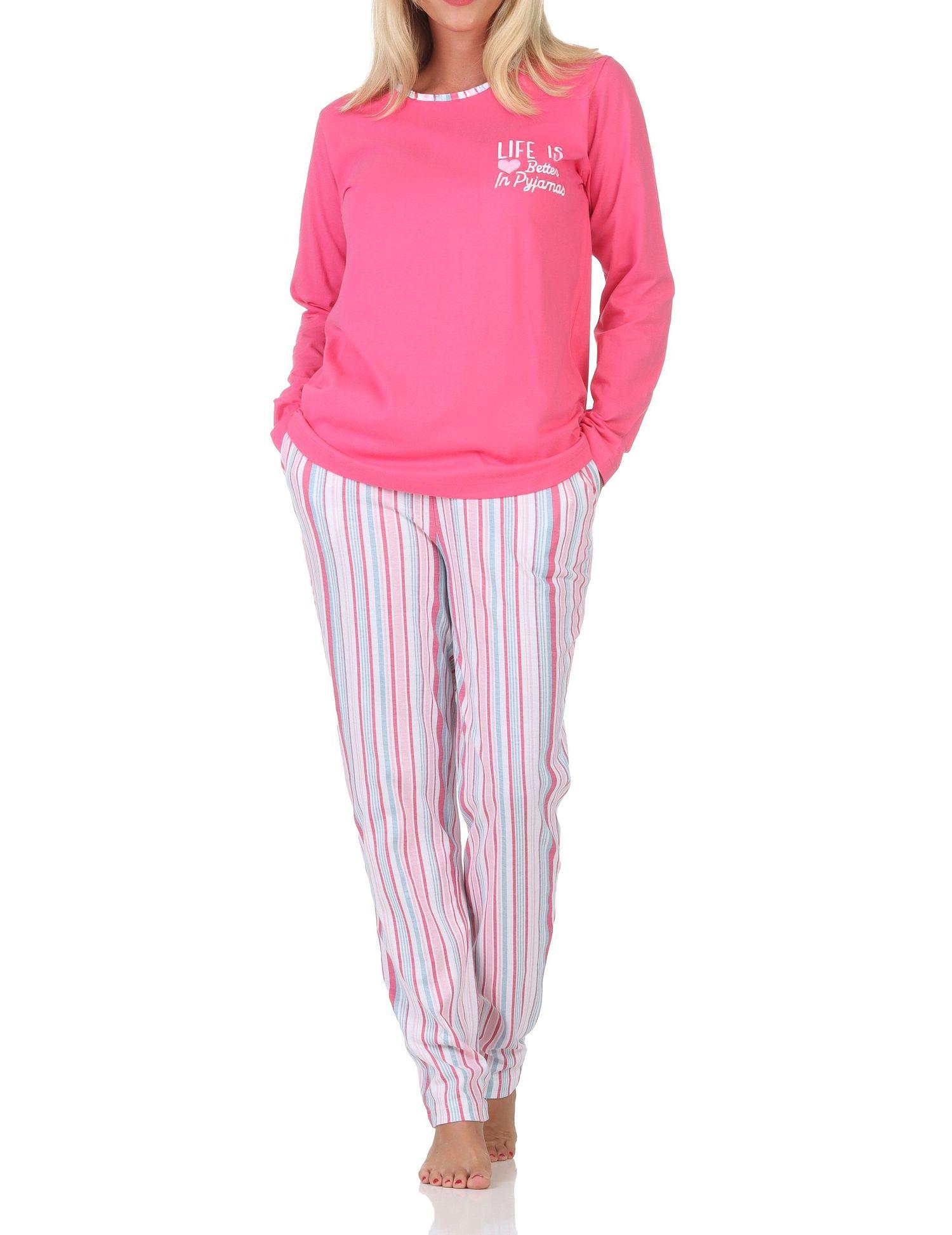 Normann Damen Schlafanzug lang Pyjama in edler Streifenoptik – auch in Übergrößen