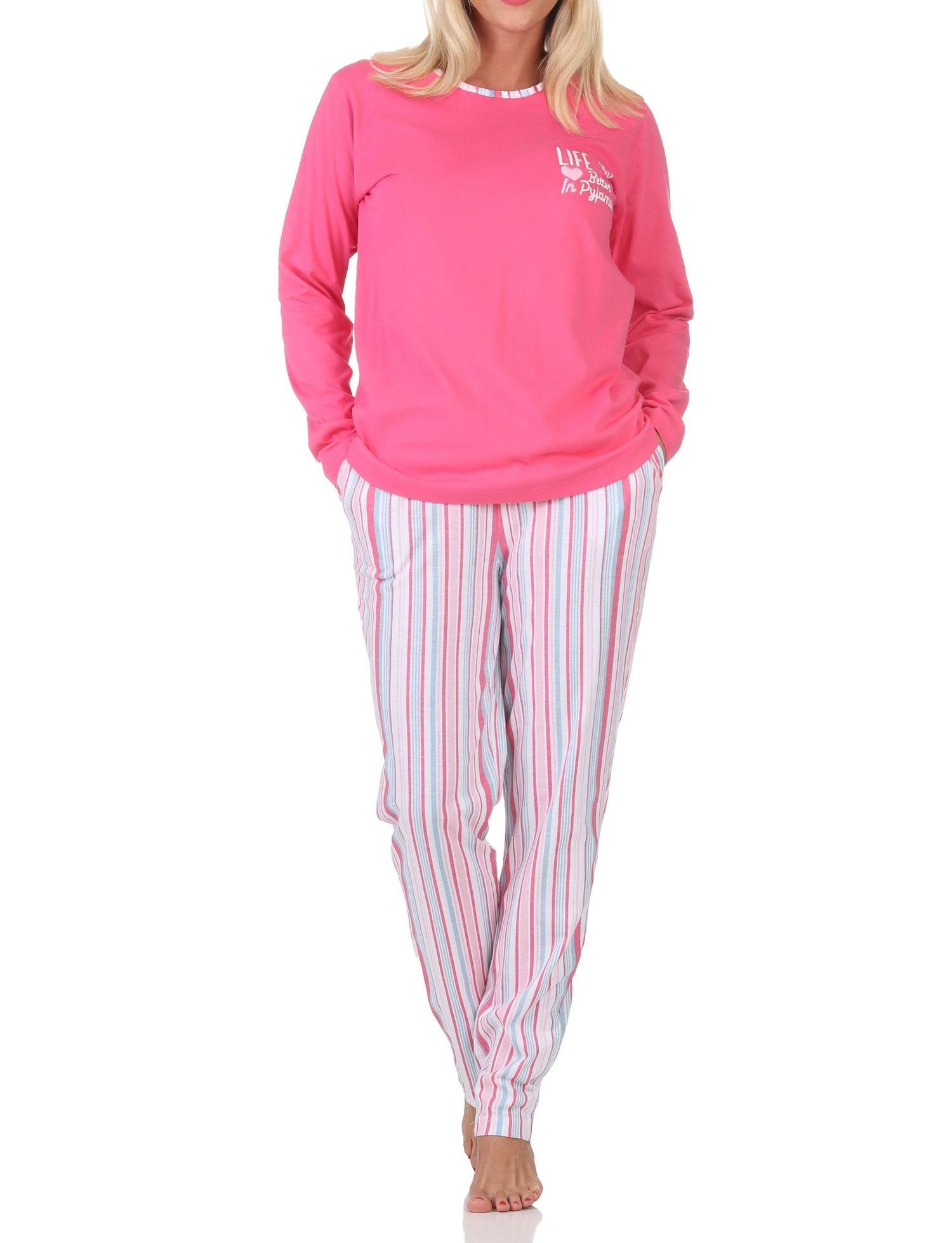 Normann Damen Schlafanzug lang Pyjama in edler Streifenoptik – auch in Übergrößen