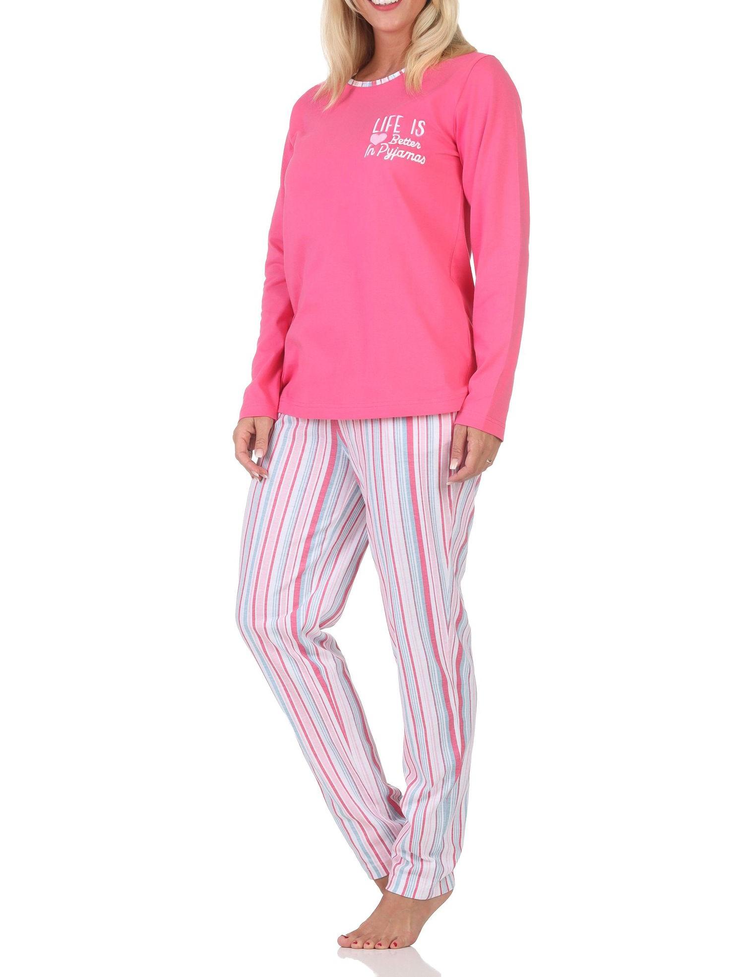 Normann Damen Schlafanzug lang Pyjama in edler Streifenoptik – auch in Übergrößen