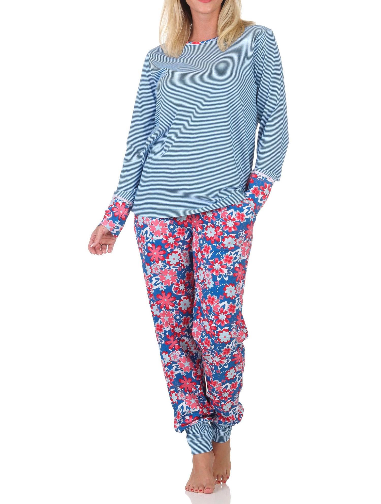 Normann Damen Schlafanzug mit Bündchen, Oberteil Streifenoptik – auch in Übergrößen