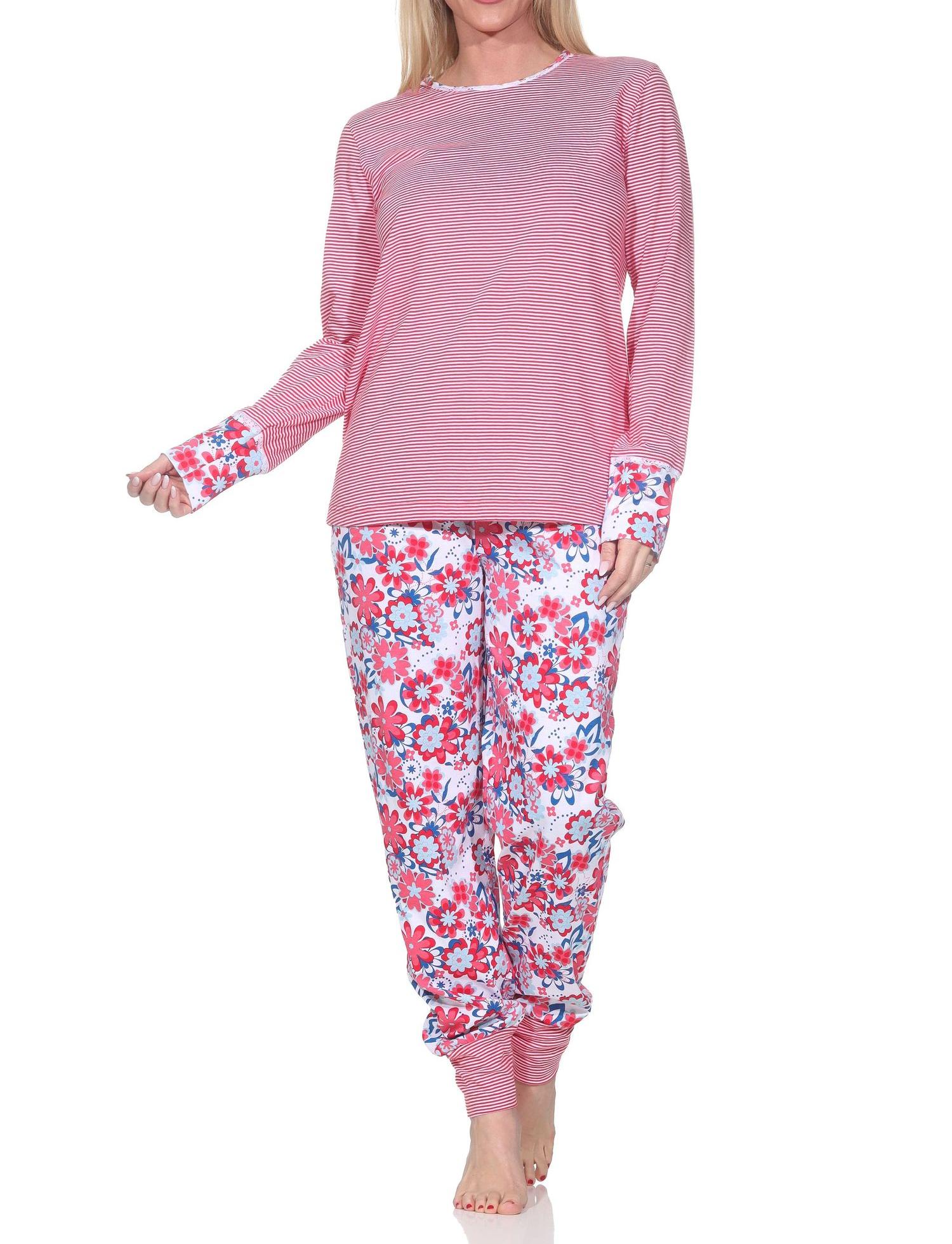 Normann Damen Schlafanzug mit Bündchen, Oberteil Streifenoptik – auch in Übergrößen