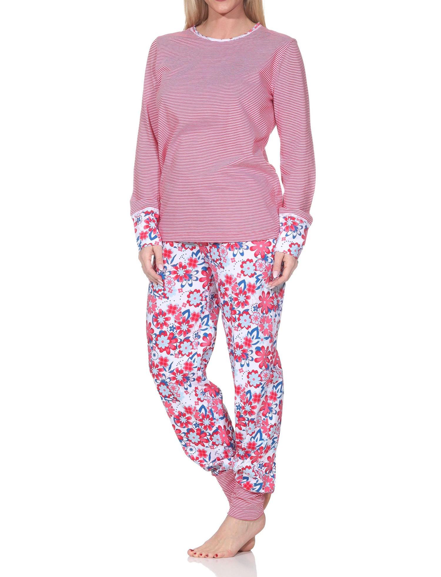 Normann Damen Schlafanzug mit Bündchen, Oberteil Streifenoptik – auch in Übergrößen